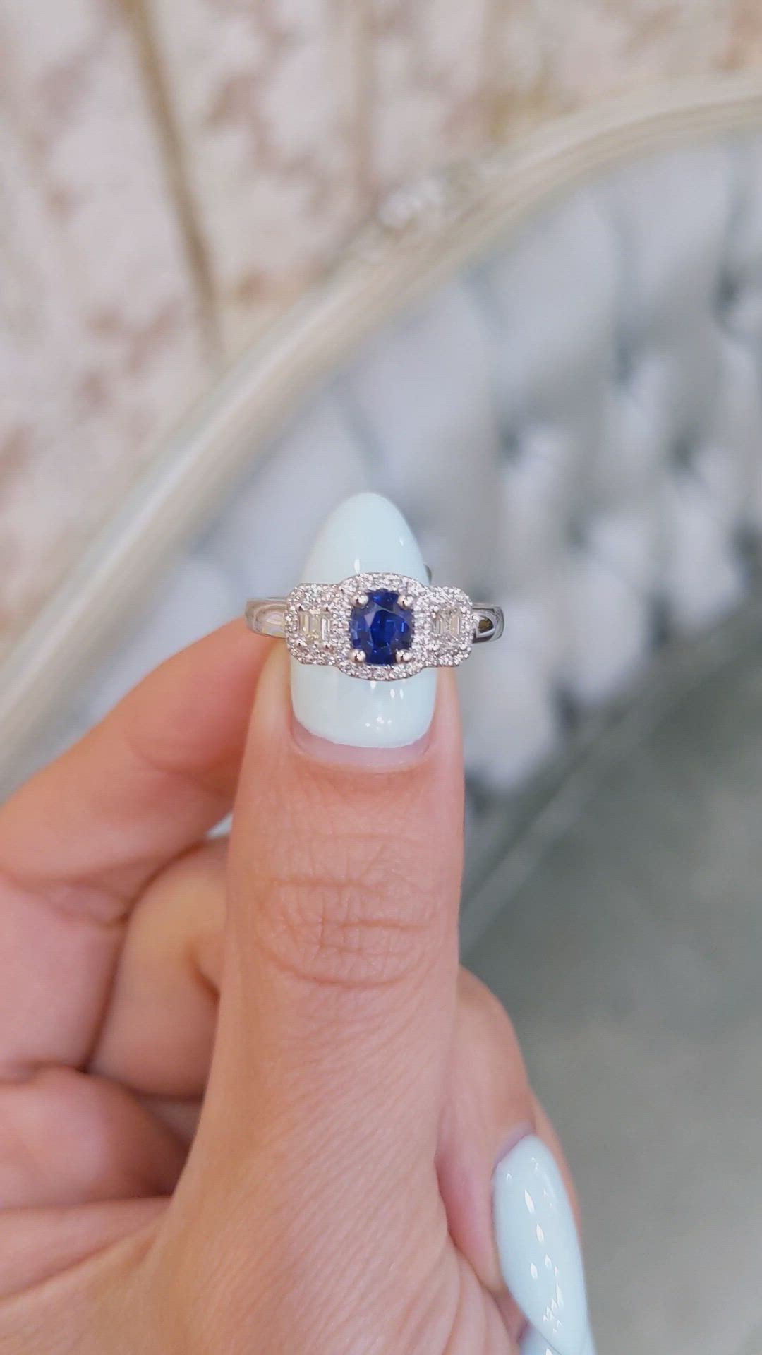 0.67 Ct. Blue Sapphire and Natural Diamond Three Stone Ring, Platinum 950 Size Video