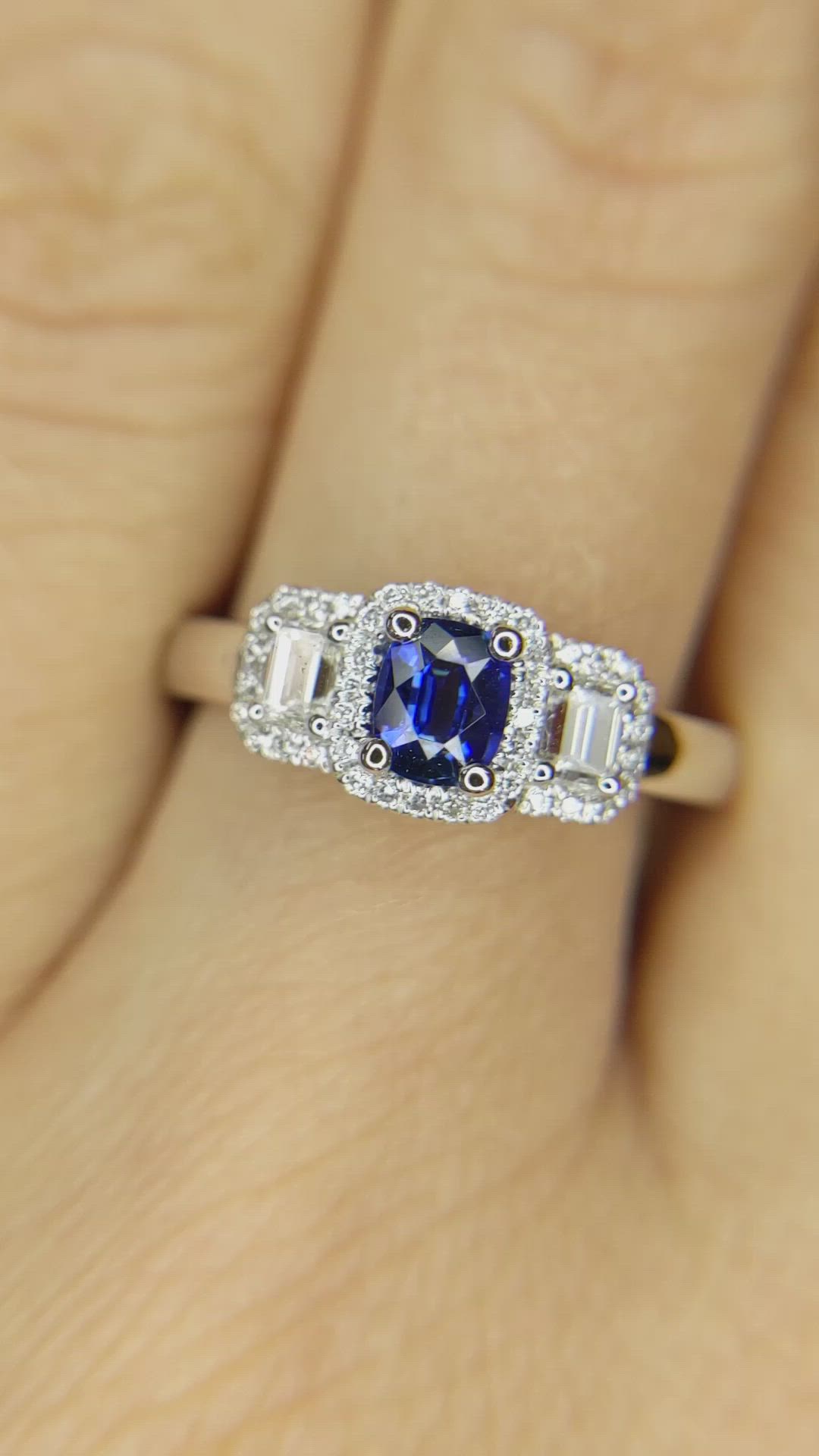 0.40 Ct. Blue Sapphire and Natural Diamond Three Stone Ring, Platinum 950 Size Video