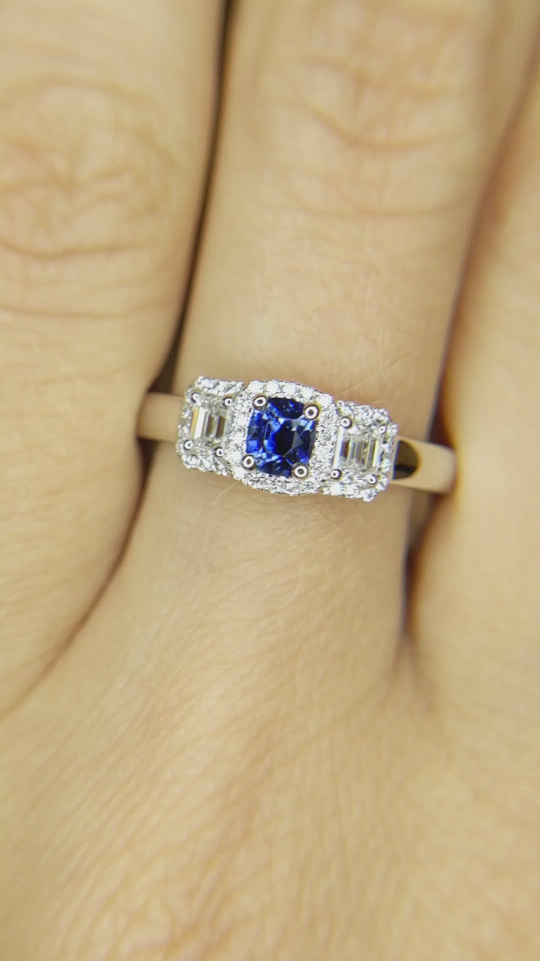 0.41 Ct. Blue Sapphire and Natural Diamond Three Stone Ring, Platinum 950 Size Video