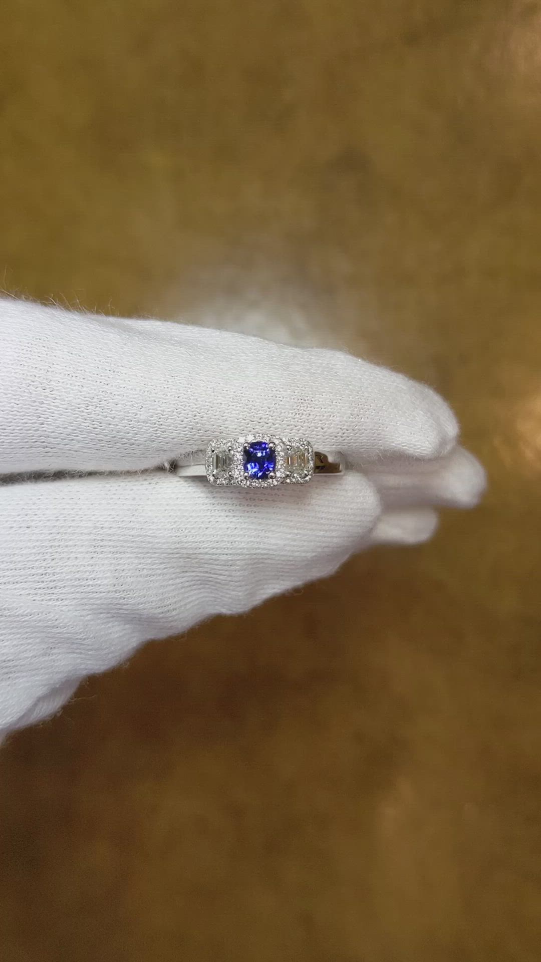 0.41 Ct. Blue Sapphire and Natural Diamond Three Stone Ring, Platinum 950 Size Video