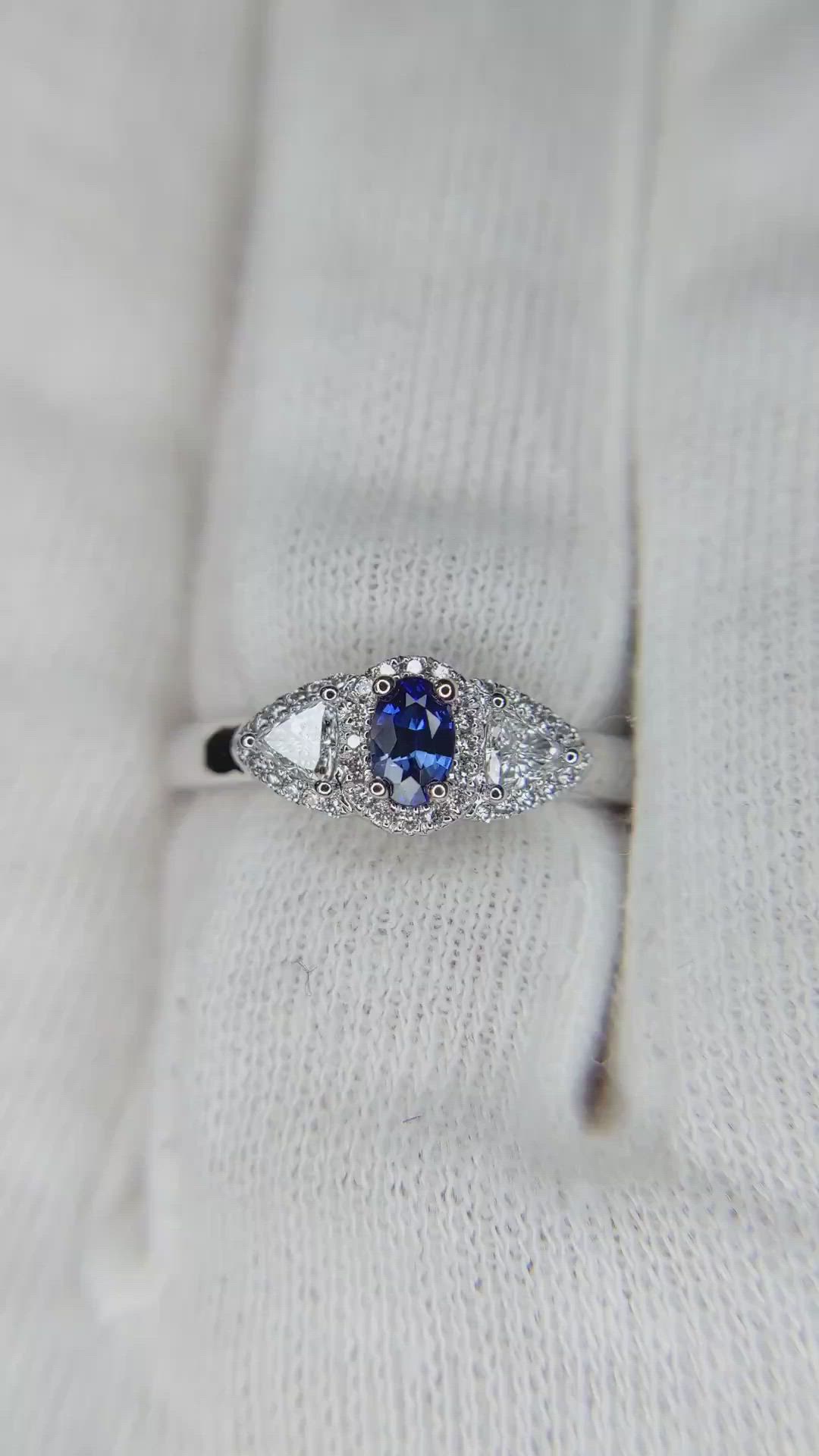 0.24 Ct. Blue Sapphire and Natural Diamond Three Stone Ring, Platinum 950 Size Video
