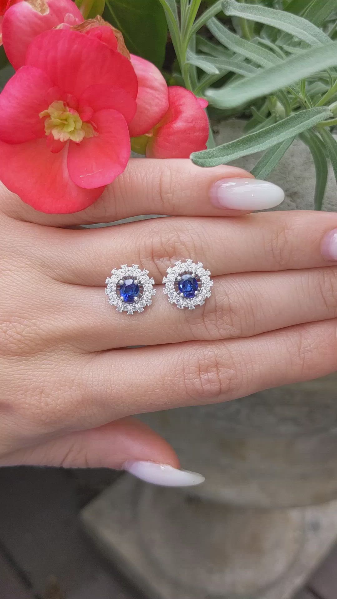 1.23 Ct.Tw. Blue Sapphire and Natural Diamond Halo Earrings, 18K White Gold Size Video