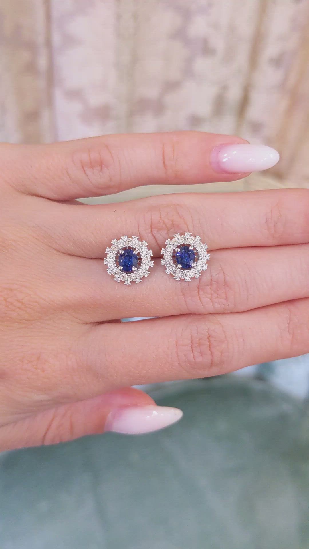 1.23 Ct.Tw. Blue Sapphire and Natural Diamond Halo Earrings, 18K White Gold Size Video