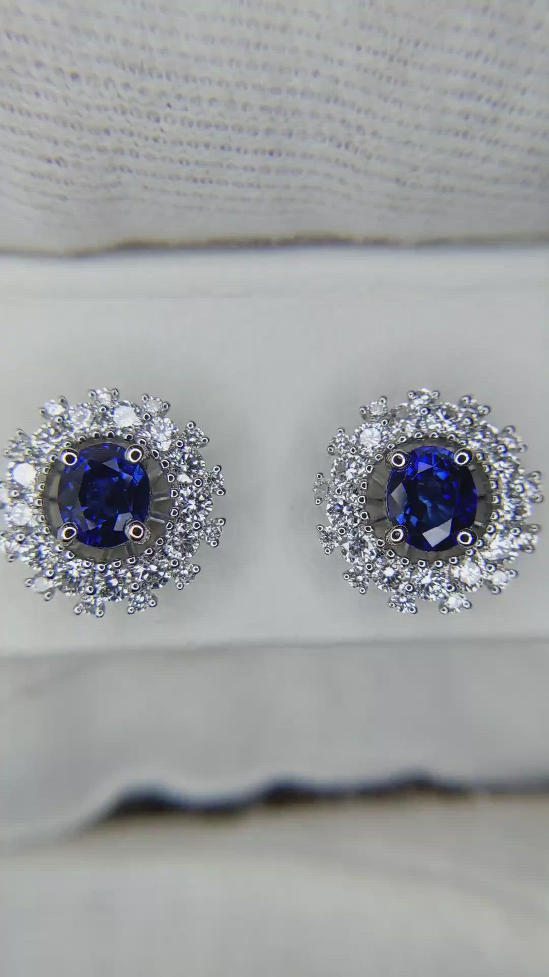 1.23 Ct.Tw. Blue Sapphire and Natural Diamond Halo Earrings, 18K White Gold Size Video