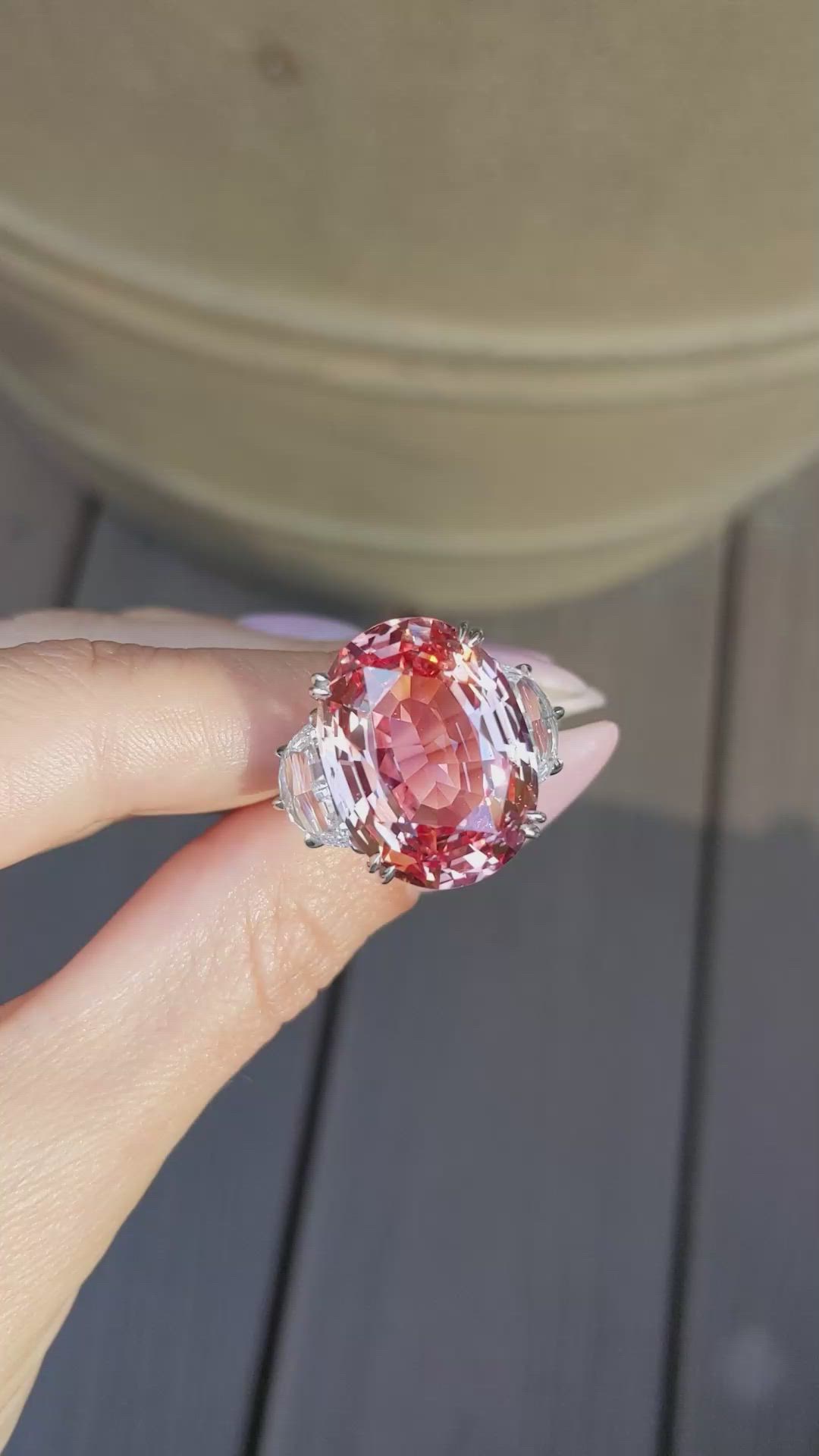 28.85 Ct. Padparadscha Sapphire and Natural Diamond Three Stone Ring, Platinum 950 Size Video