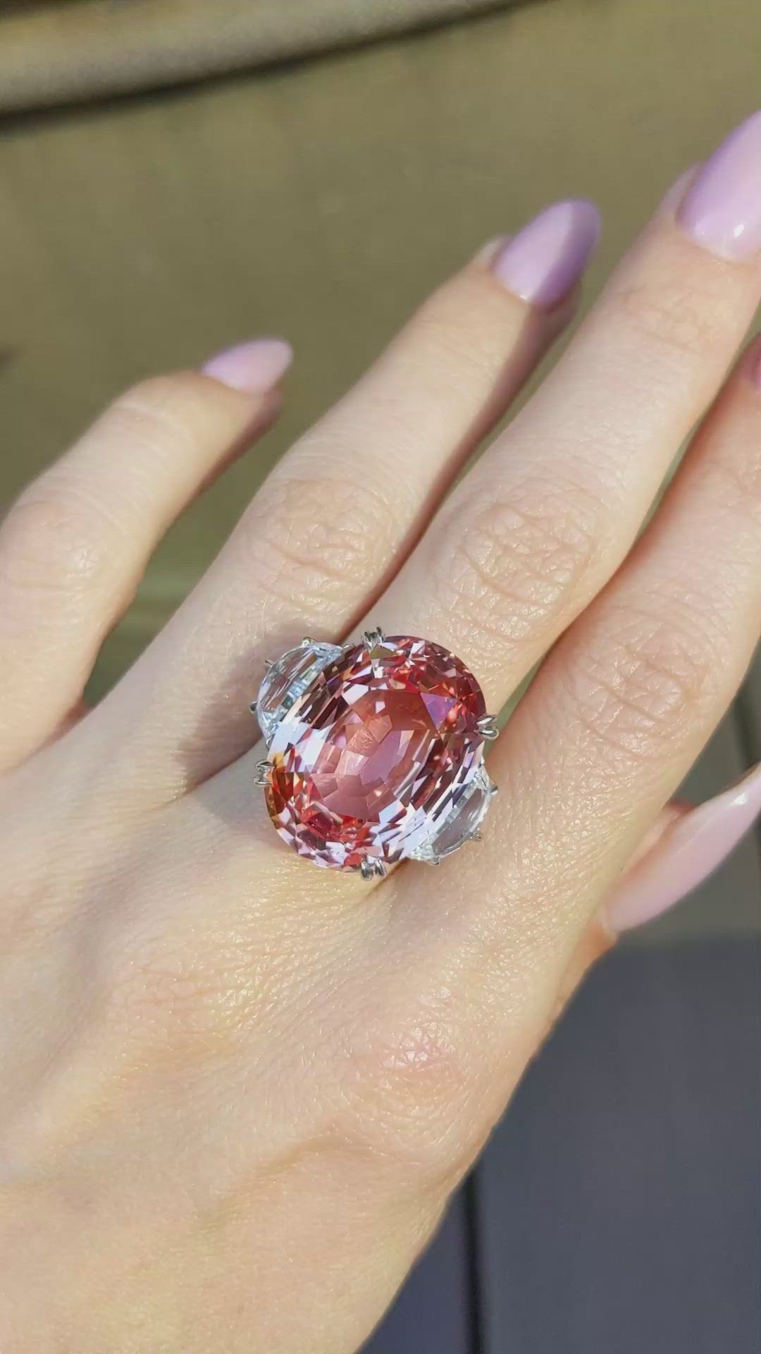 28.85 Ct. Padparadscha Sapphire and Natural Diamond Three Stone Ring, Platinum 950 Size Video