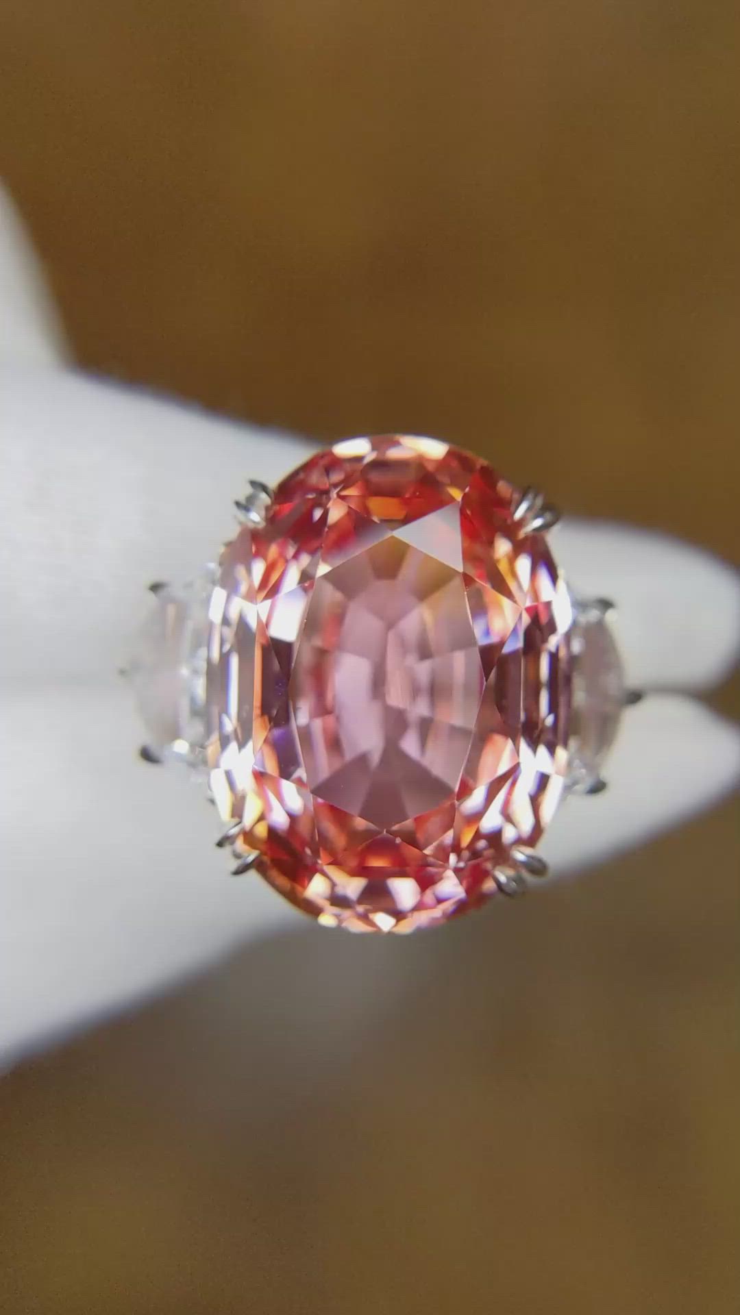 28.85 Ct. Padparadscha Sapphire and Natural Diamond Three Stone Ring, Platinum 950 Size Video
