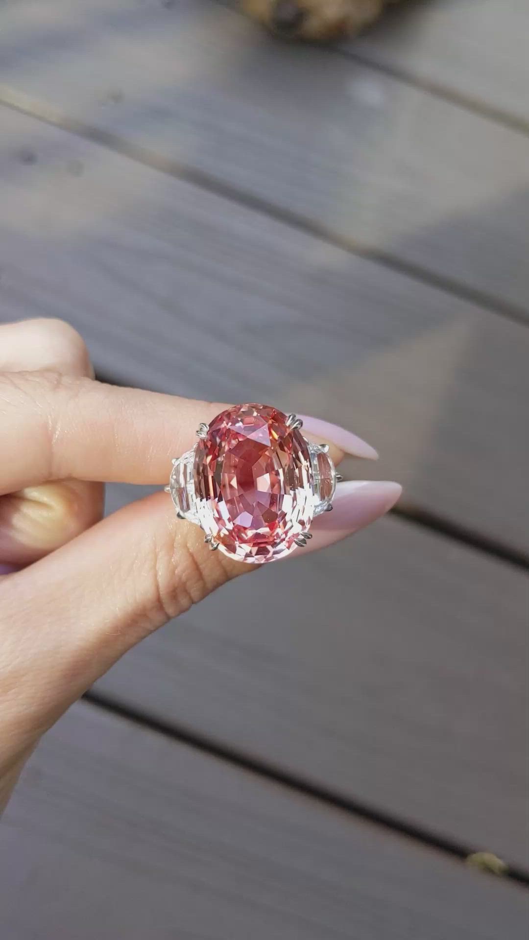 28.85 Ct. Padparadscha Sapphire and Natural Diamond Three Stone Ring, Platinum 950 Size Video