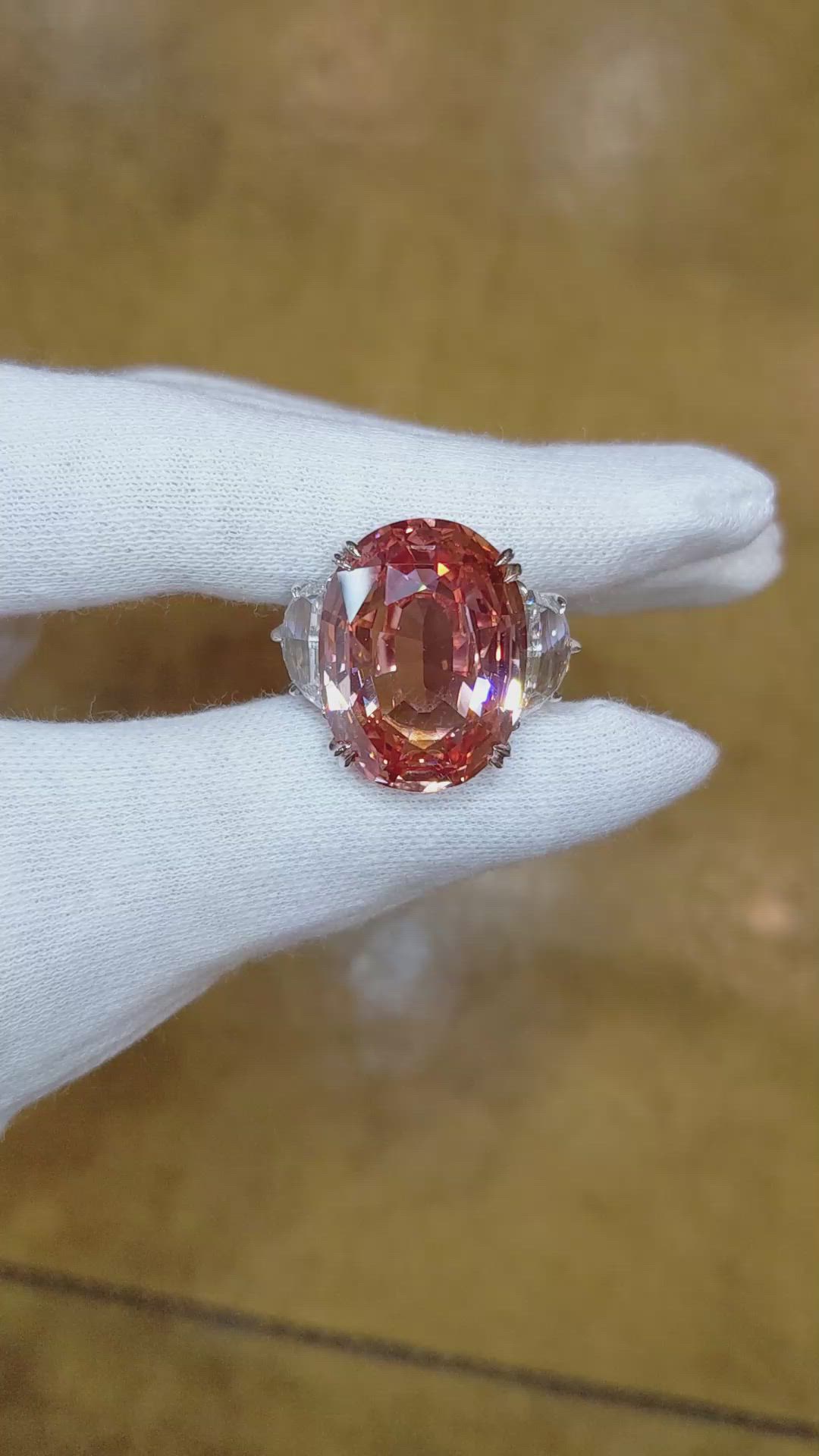 28.85 Ct. Padparadscha Sapphire and Natural Diamond Three Stone Ring, Platinum 950 Size Video
