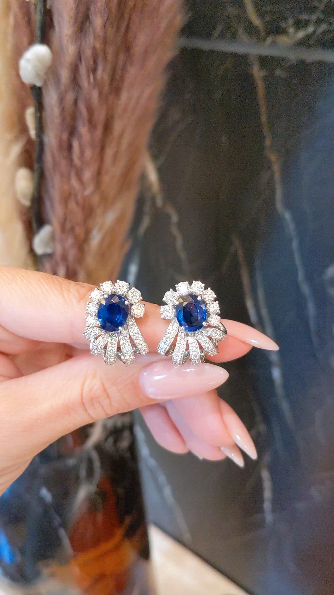 4.53 Ct.Tw.Total Carat Weight Blue Sapphire and Natural Diamond Pave Earrings, Platinum 950 Size Video