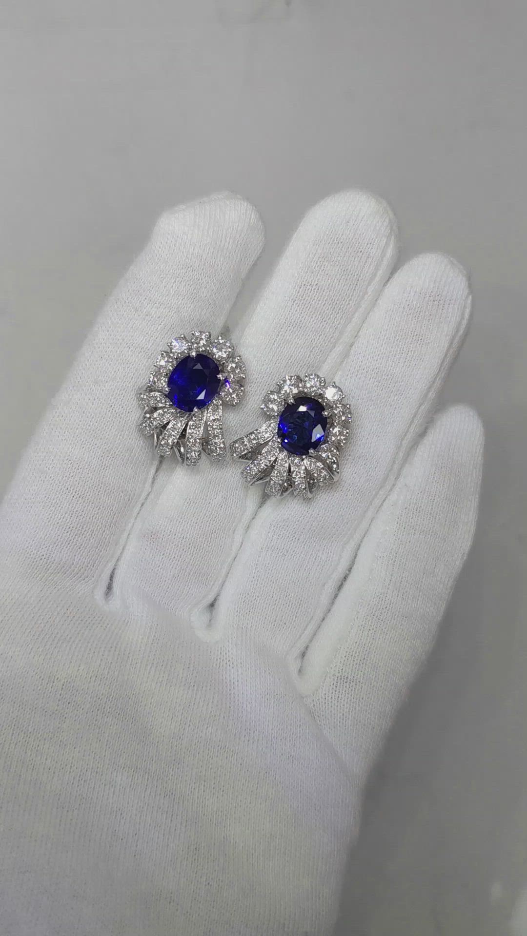 4.53 Ct.Tw. Blue Sapphire and Natural Diamond Antique Style Earrings, Platinum 950 Size Video