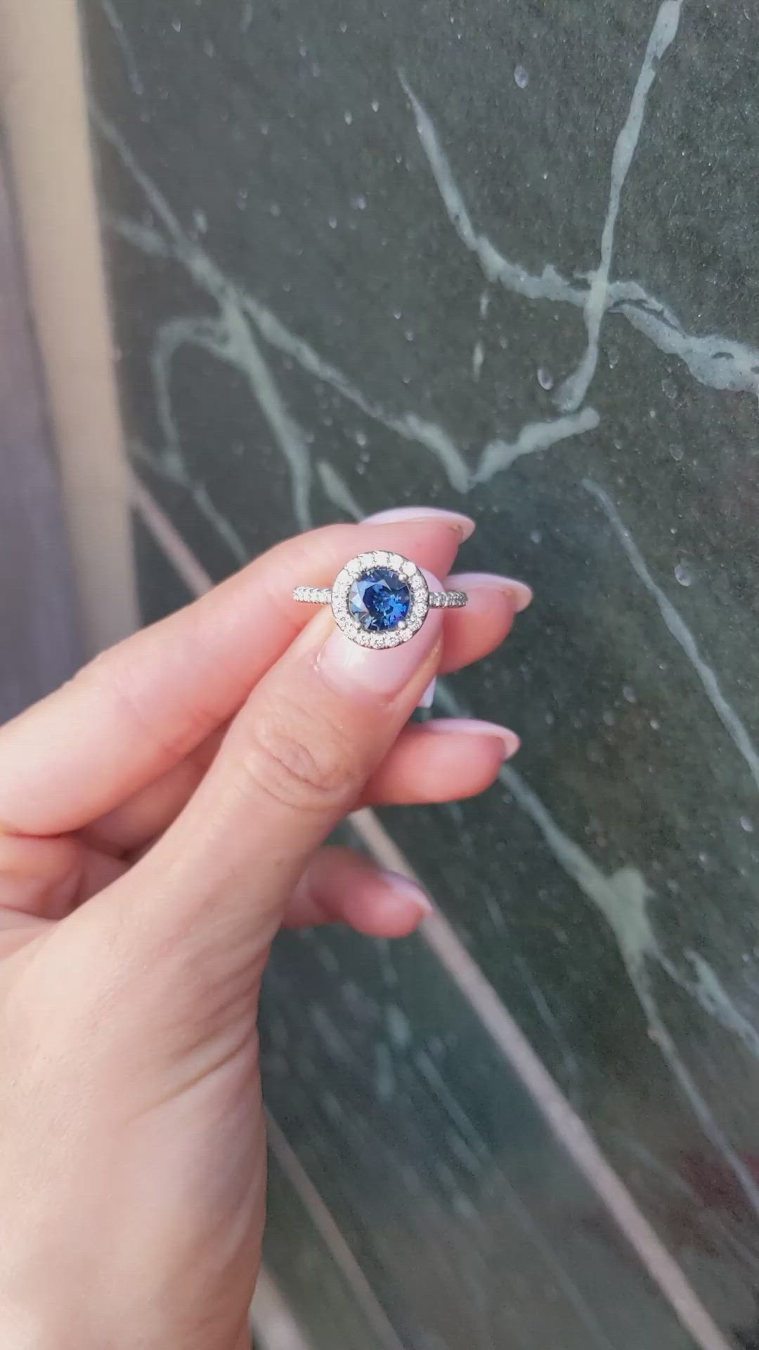 1.55 Ct. Greenish Blue Sapphire and Natural Diamond Pave Ring, 18K White Gold Size Video