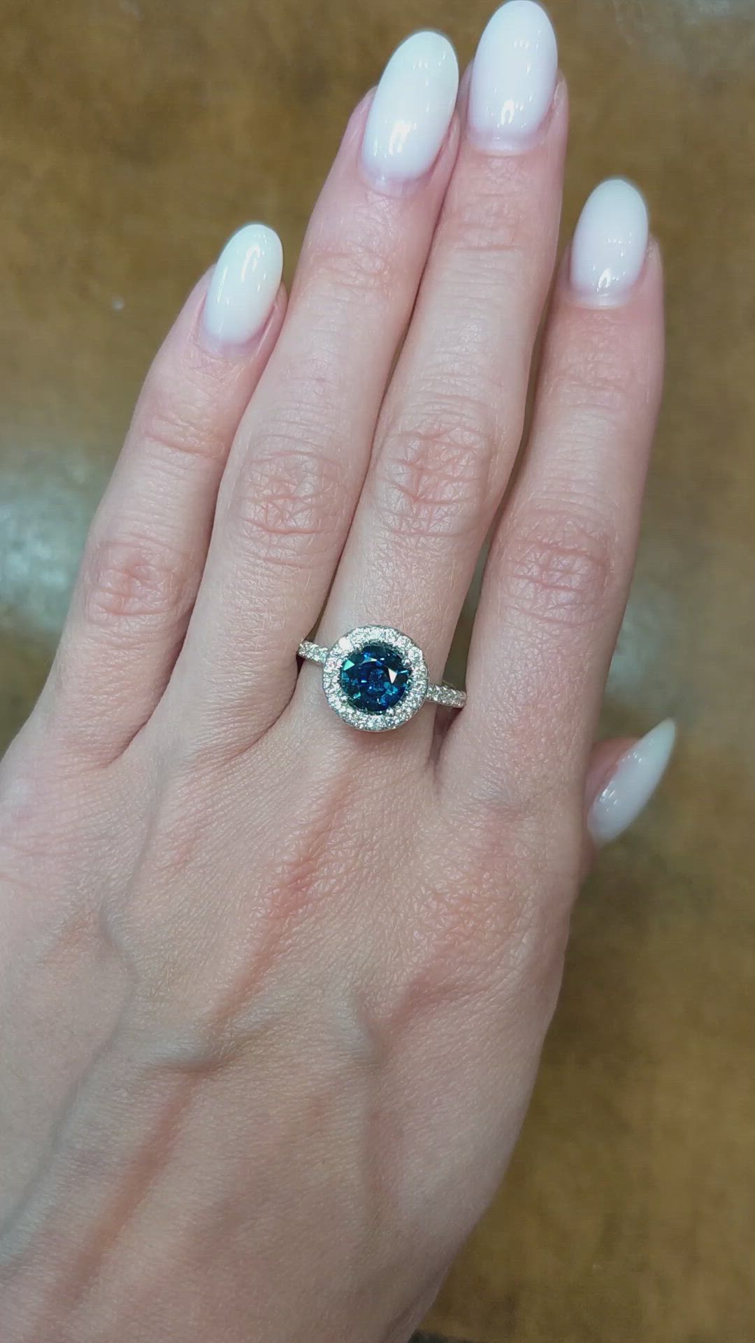 1.55 Ct. Greenish Blue Sapphire and Natural Diamond Pave Ring, 18K White Gold Size Video