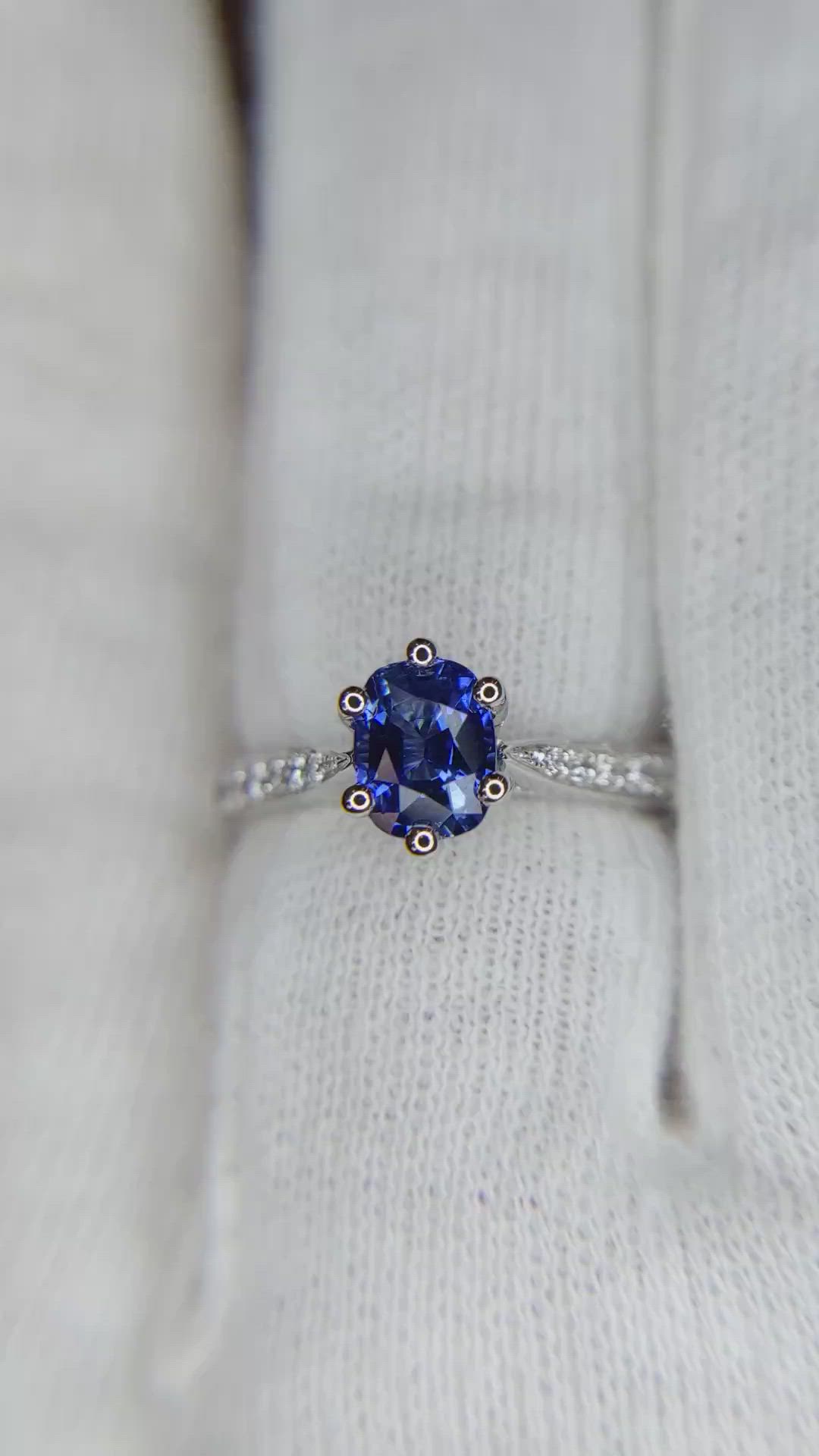 1.02 Ct. Blue Sapphire and Natural Diamond Antique Style Ring, 18K White Gold Size Video
