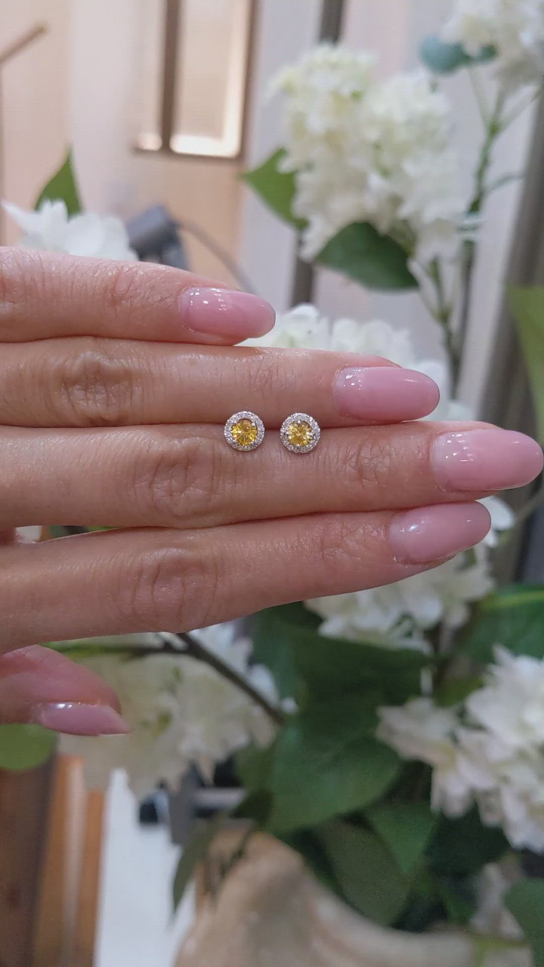 0.60&nbsp;Ct.Tw.Total Carat Weight Yellow Sapphire and Natural Diamond Studs Earrings, 18K White Gold Size Video