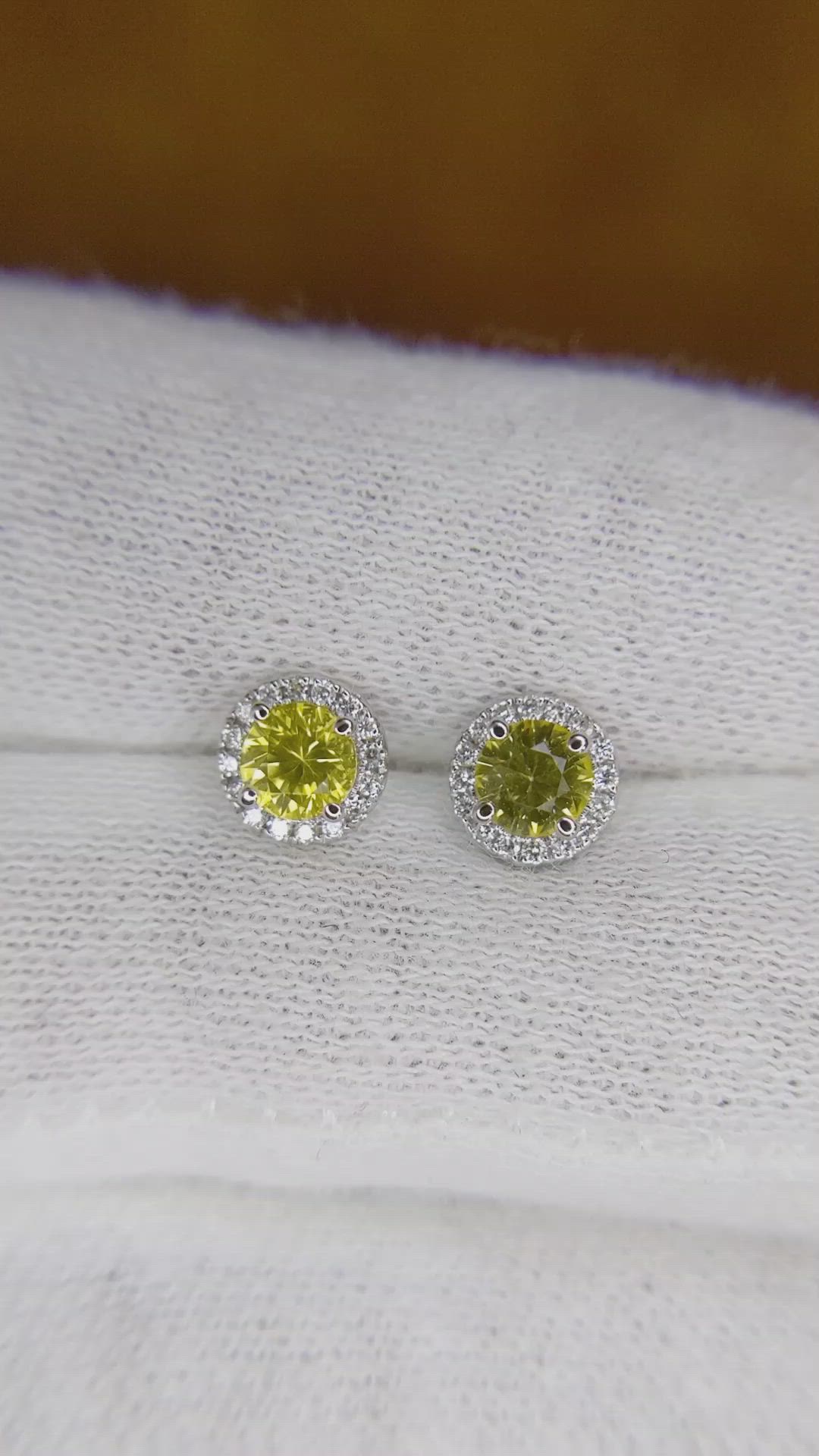 0.60 Ct.Tw. Yellow Sapphire and Natural Diamond Pave Earrings, 18K White Gold Size Video