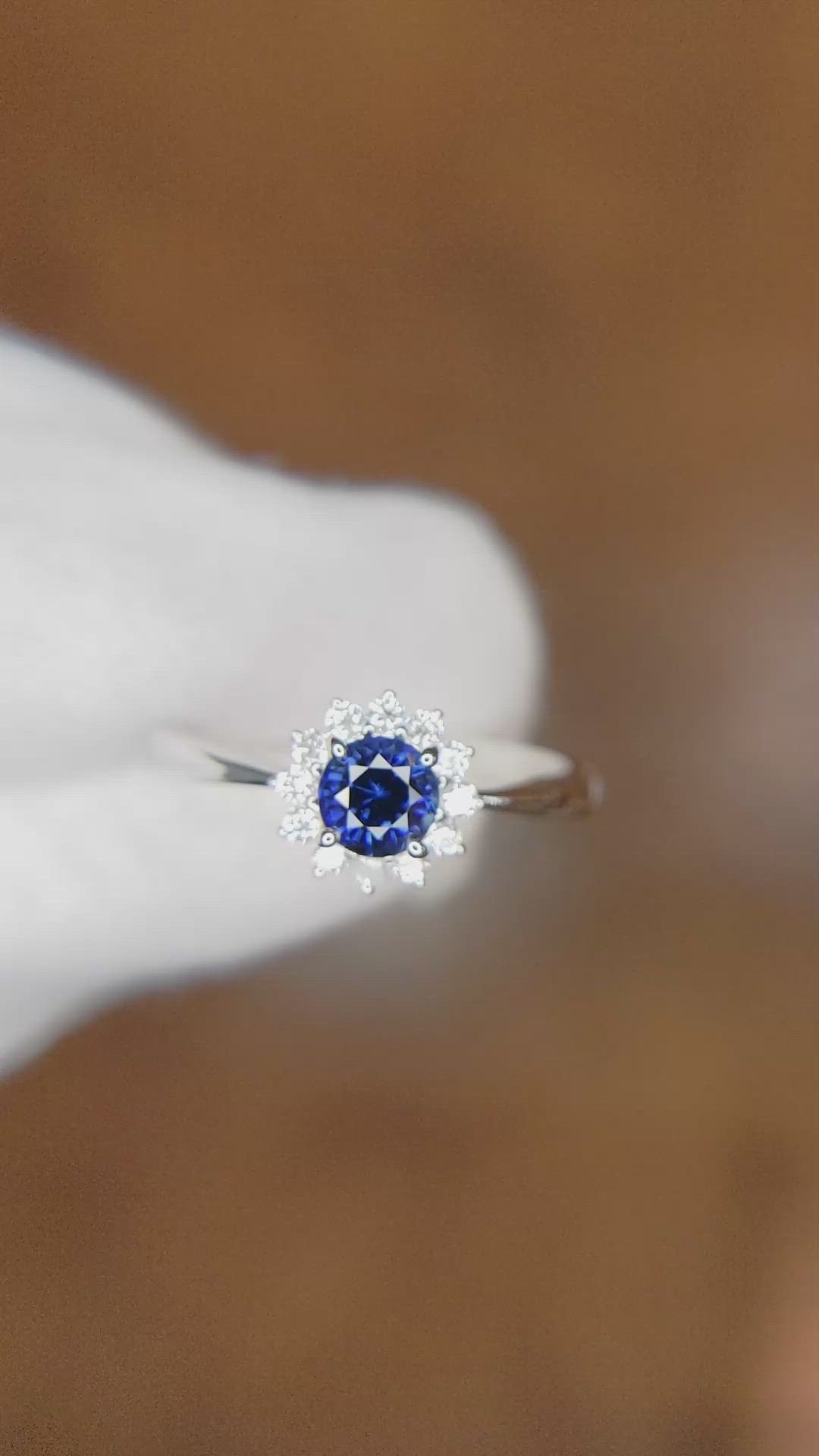 0.45 Ct. Blue Sapphire and Natural Diamond Halo Ring, 14K White Gold Size Video