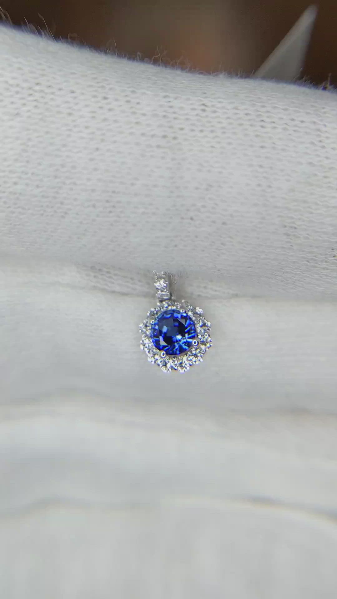 0.30 Ct. Blue Sapphire and Natural Diamond Pave Pendant, 18K White Gold Size Video