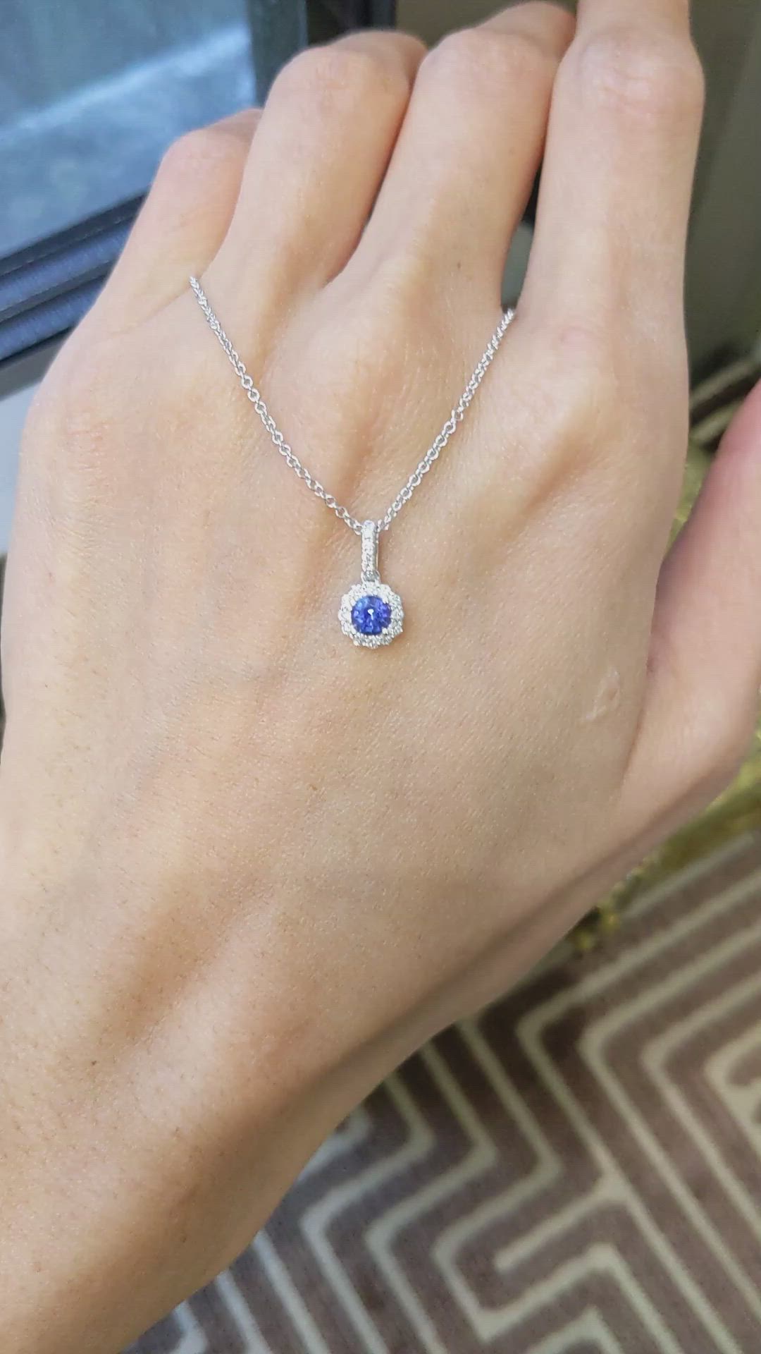 0.30 Ct. Blue Sapphire and Natural Diamond Pave Pendant, 18K White Gold Size Video