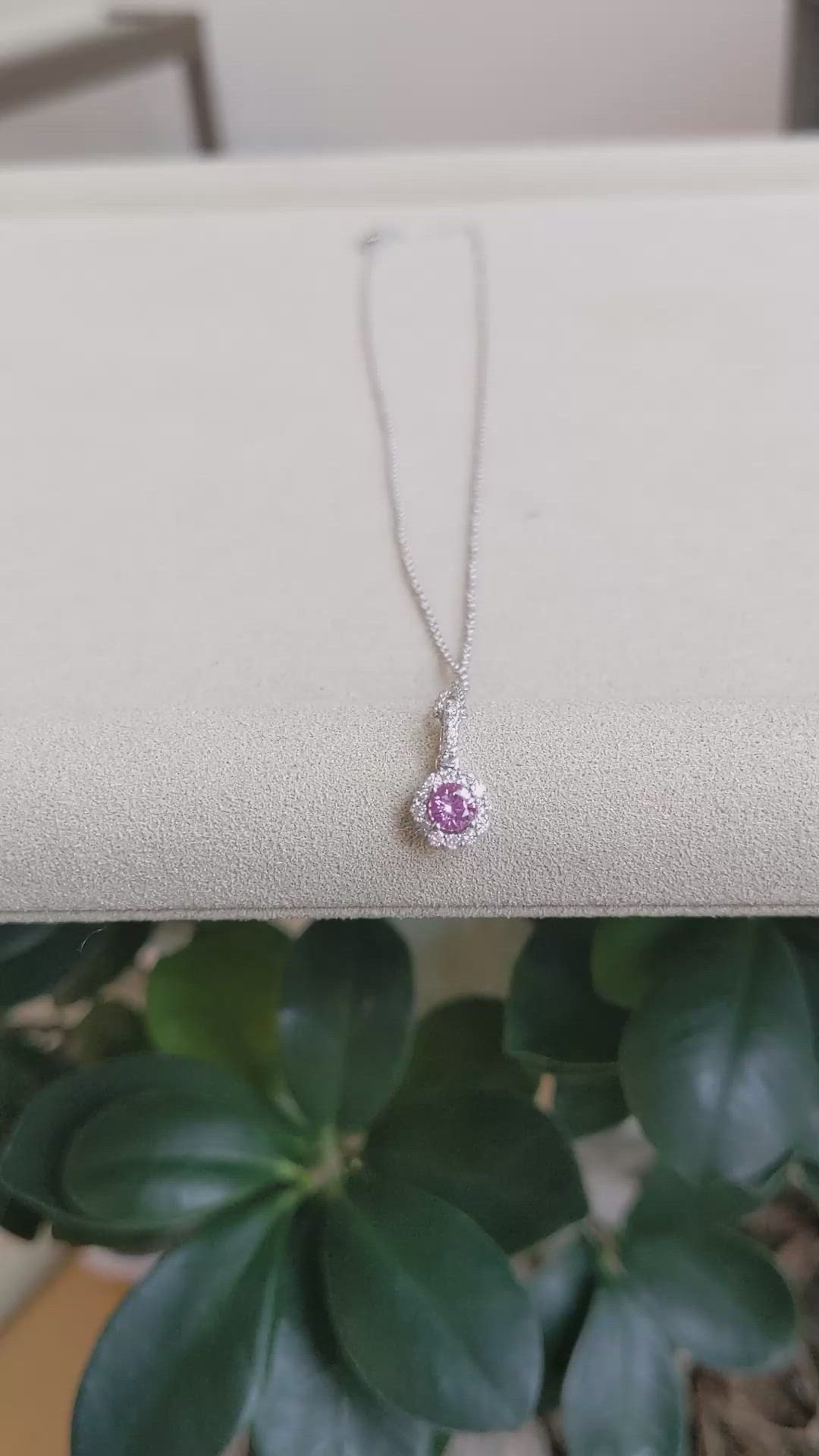 0.32 Ct. Pink Sapphire and Natural Diamond Pave Pendant, 18K White Gold Size Video