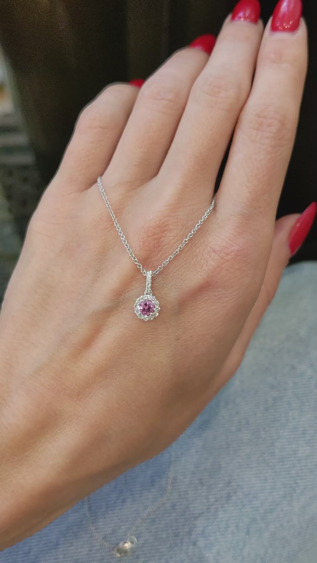 0.32 Ct. Pink Sapphire and Natural Diamond Pave Pendant, 18K White Gold Size Video