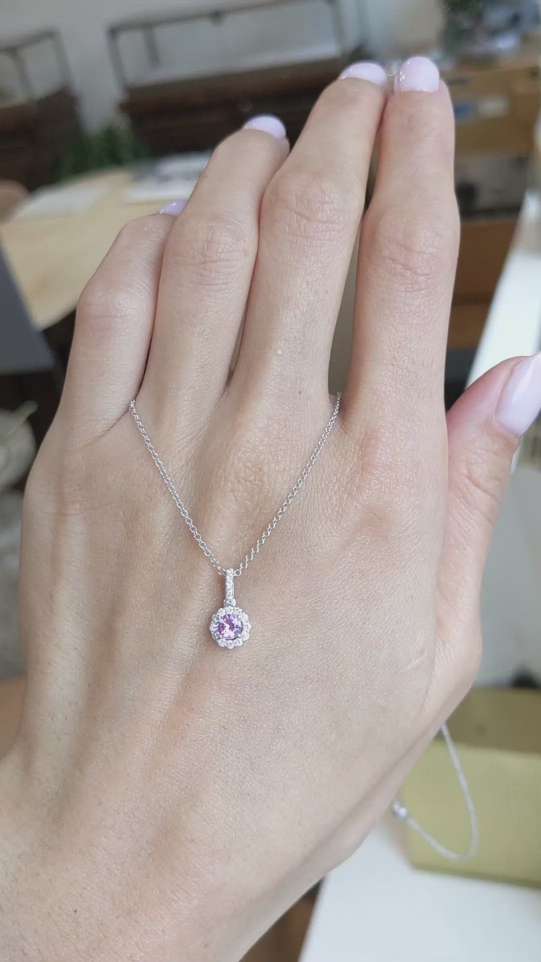 0.32 Ct. Pink Sapphire and Natural Diamond Pave Pendant, 18K White Gold Size Video