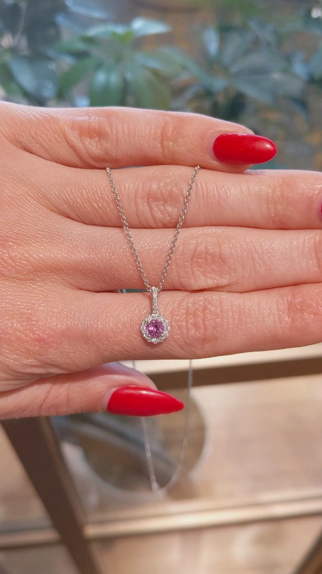 0.32 Ct. Pink Sapphire and Natural Diamond Pave Pendant, 18K White Gold Size Video