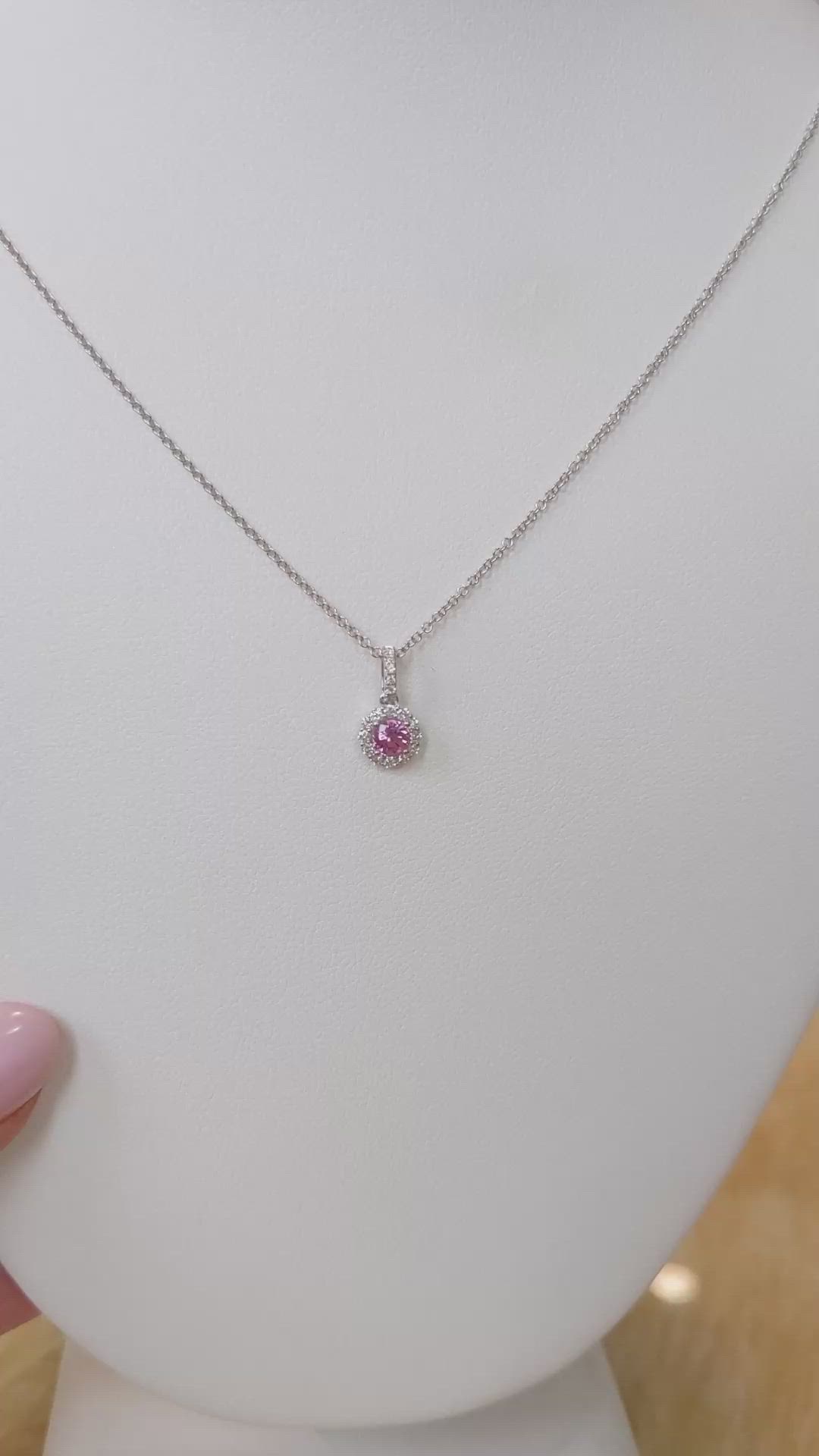 0.32 Ct. Pink Sapphire and Natural Diamond Pave Pendant, 18K White Gold Size Video