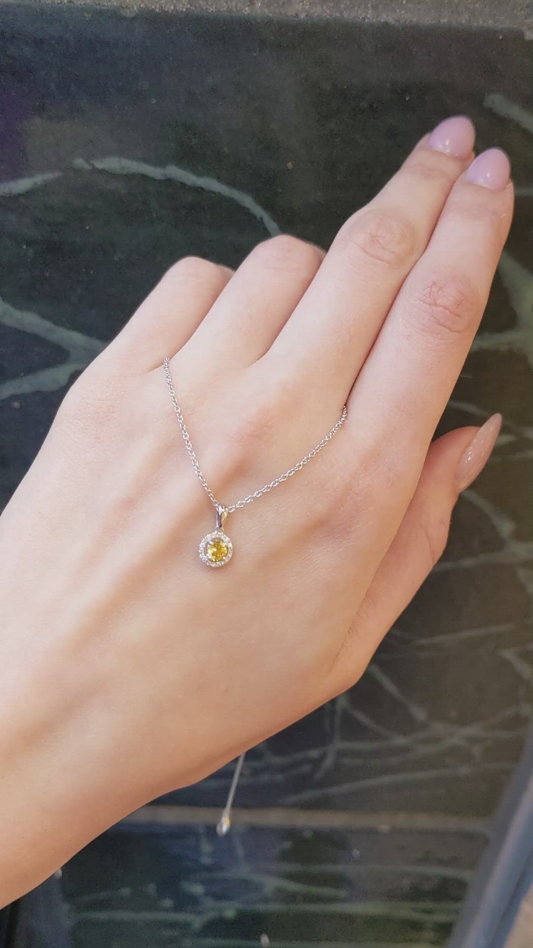 0.23 Ct. Yellow Sapphire and Natural Diamond Pave Pendant, 14K White Gold Size Video