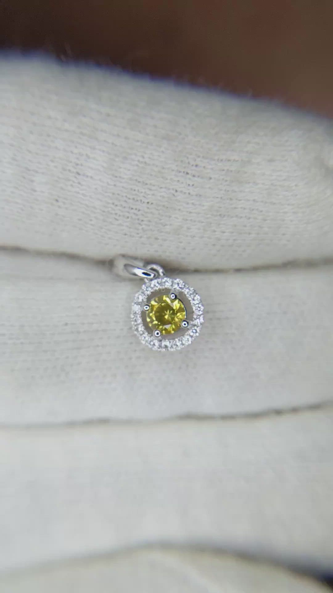 0.23 Ct. Yellow Sapphire and Natural Diamond Pave Pendant, 14K White Gold Size Video