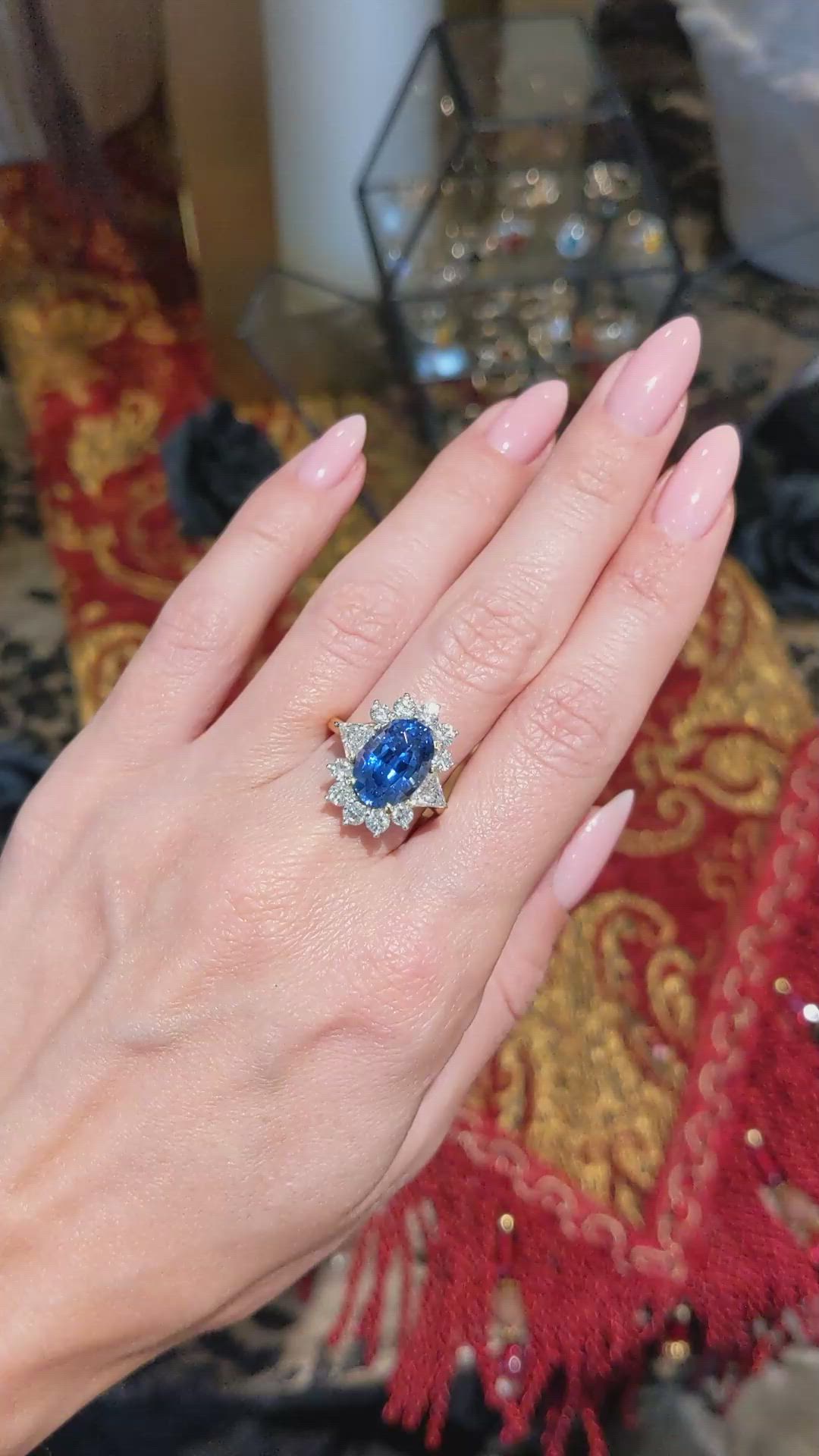 5.28 Ct. Blue Sapphire and Natural Diamond Halo Ring, 18K Yellow Gold Size Video