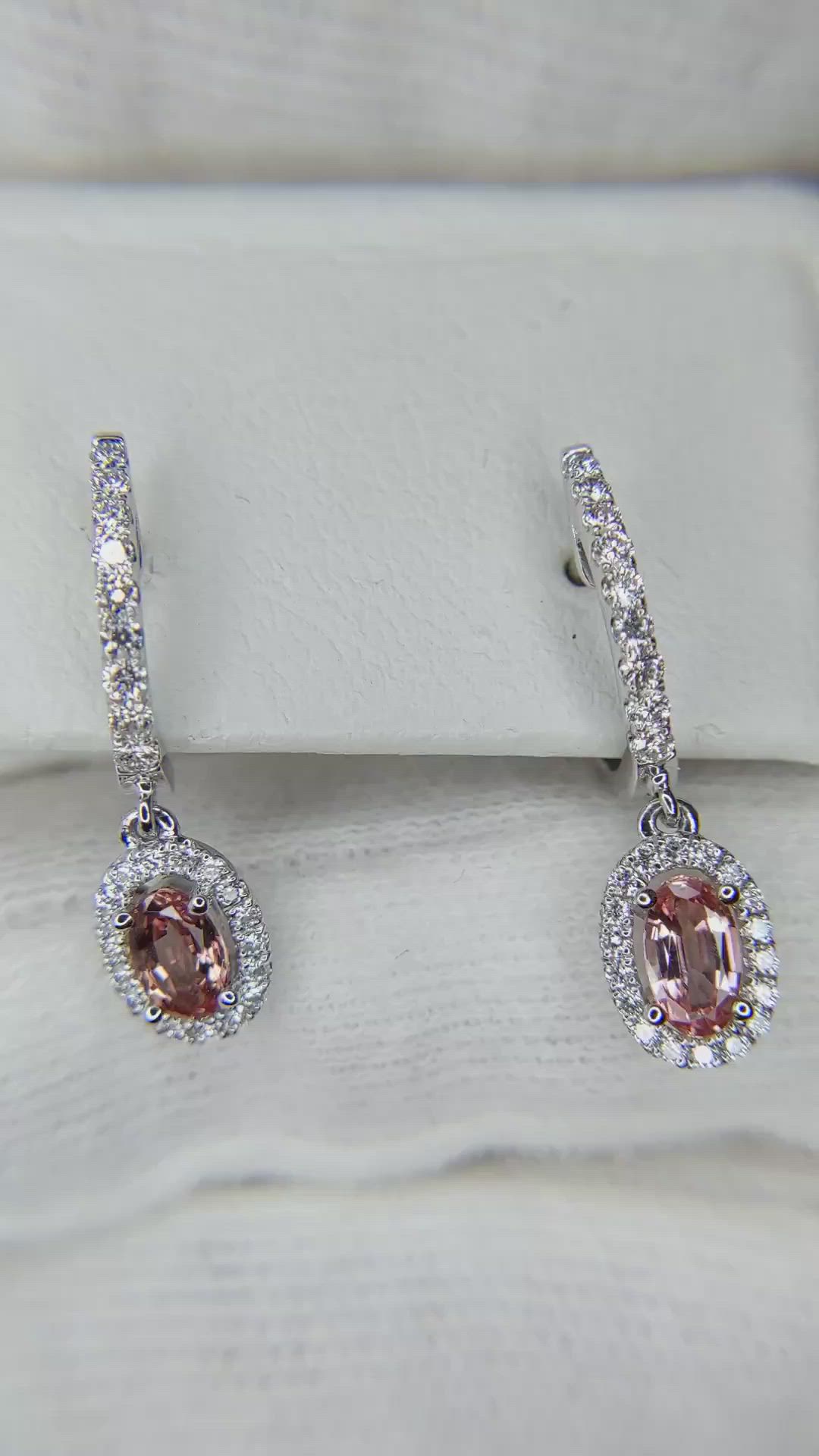0.50 Ct.Tw. Padparadscha Sapphire and Natural Diamond Pave Earrings, 14K White Gold Size Video