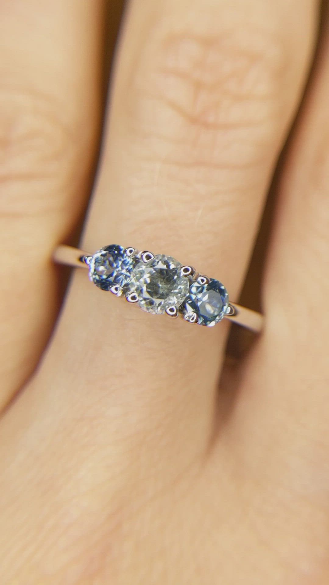 0.53 Ct. Bluish Grey Sapphire and Blue Sapphire Three Stone Ring, 14K White Gold Size Video