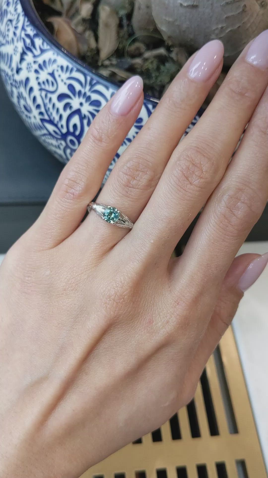 0.65 Ct. Green Sapphire Antique Style Ring, 14K White Gold Size Video