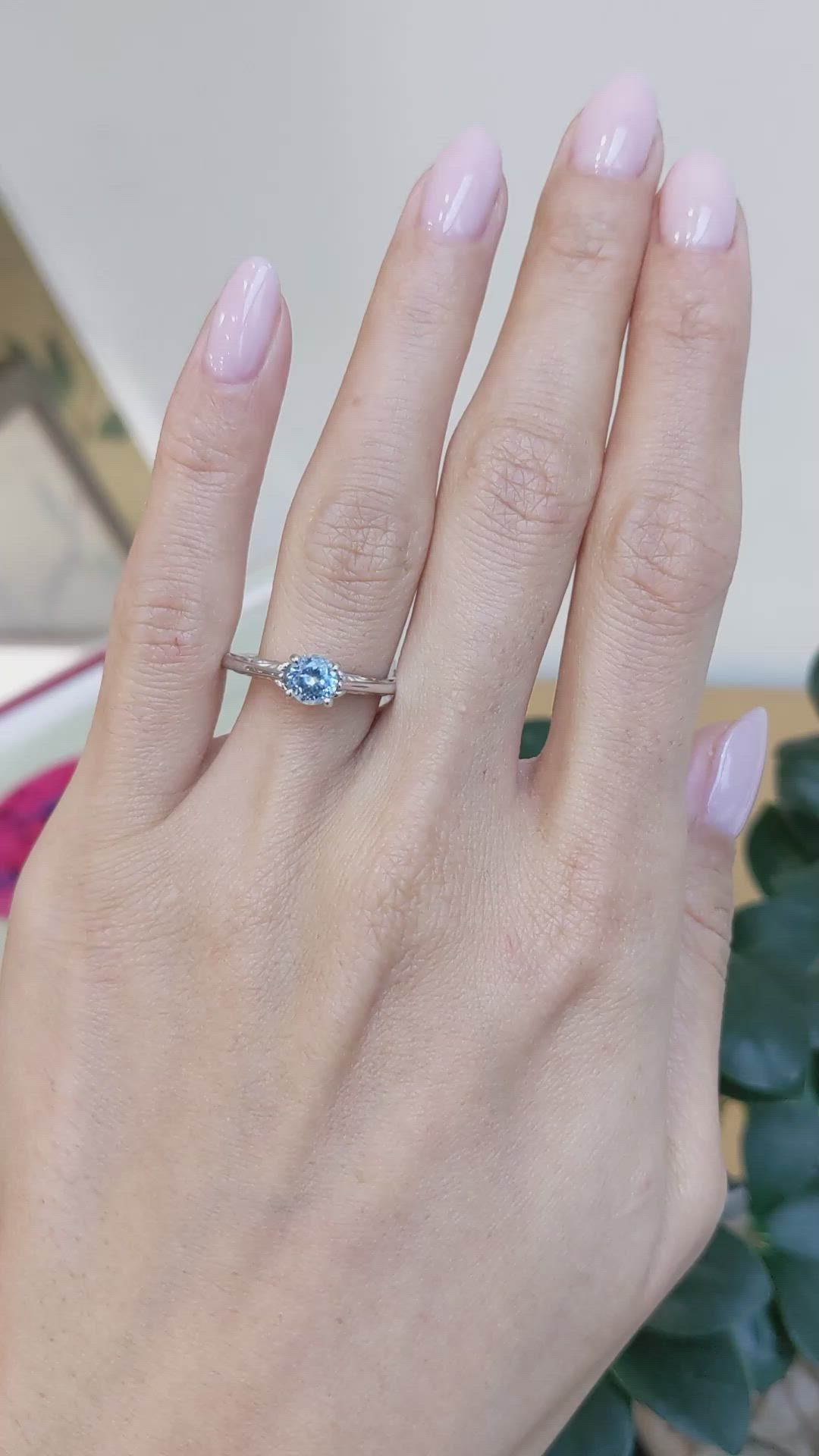 0.77 Ct. Bluish Green Sapphire Antique Style Ring, 14K White Gold Size Video