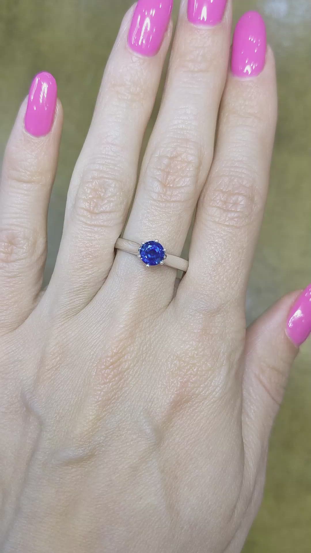 0.90 Ct. Blue Sapphire Solitaire Ring, 14K White Gold Size Video