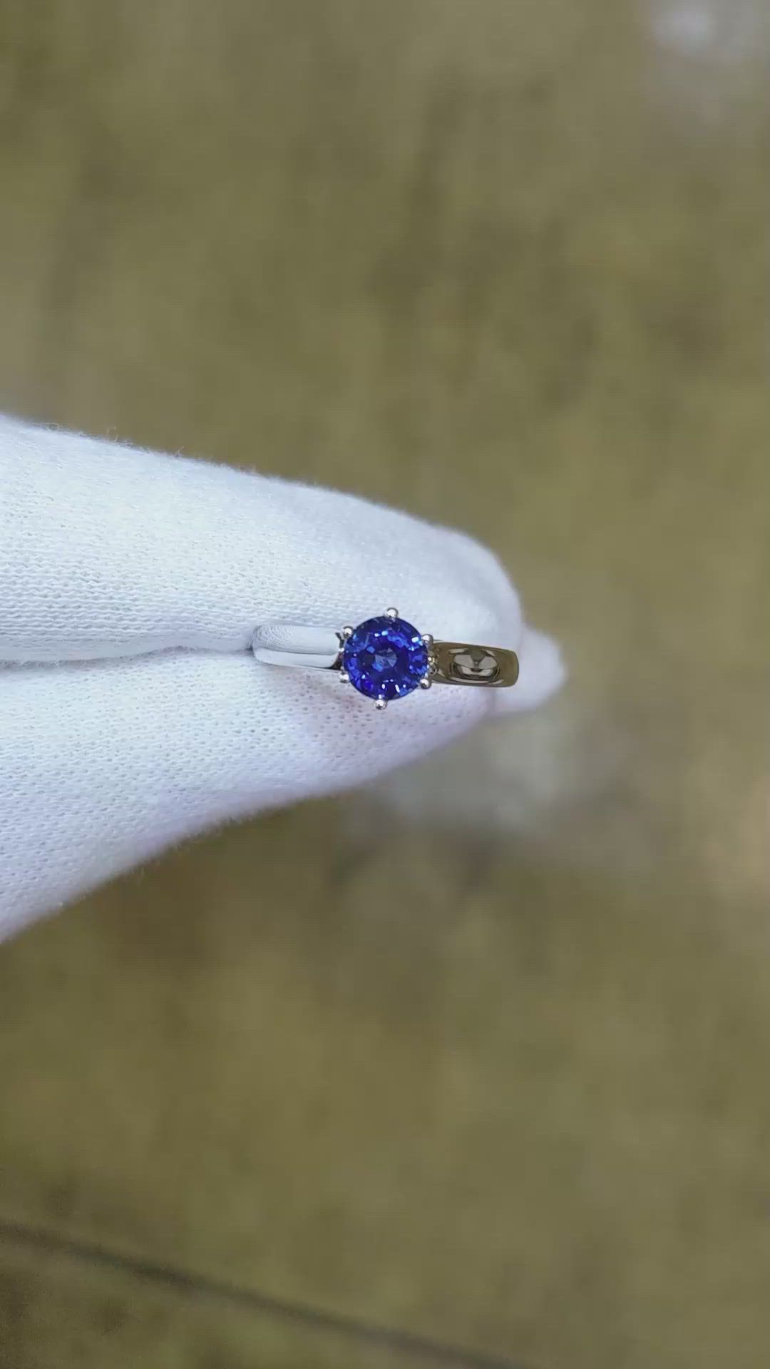 0.90 Ct. Blue Sapphire Solitaire Ring, 14K White Gold Size Video