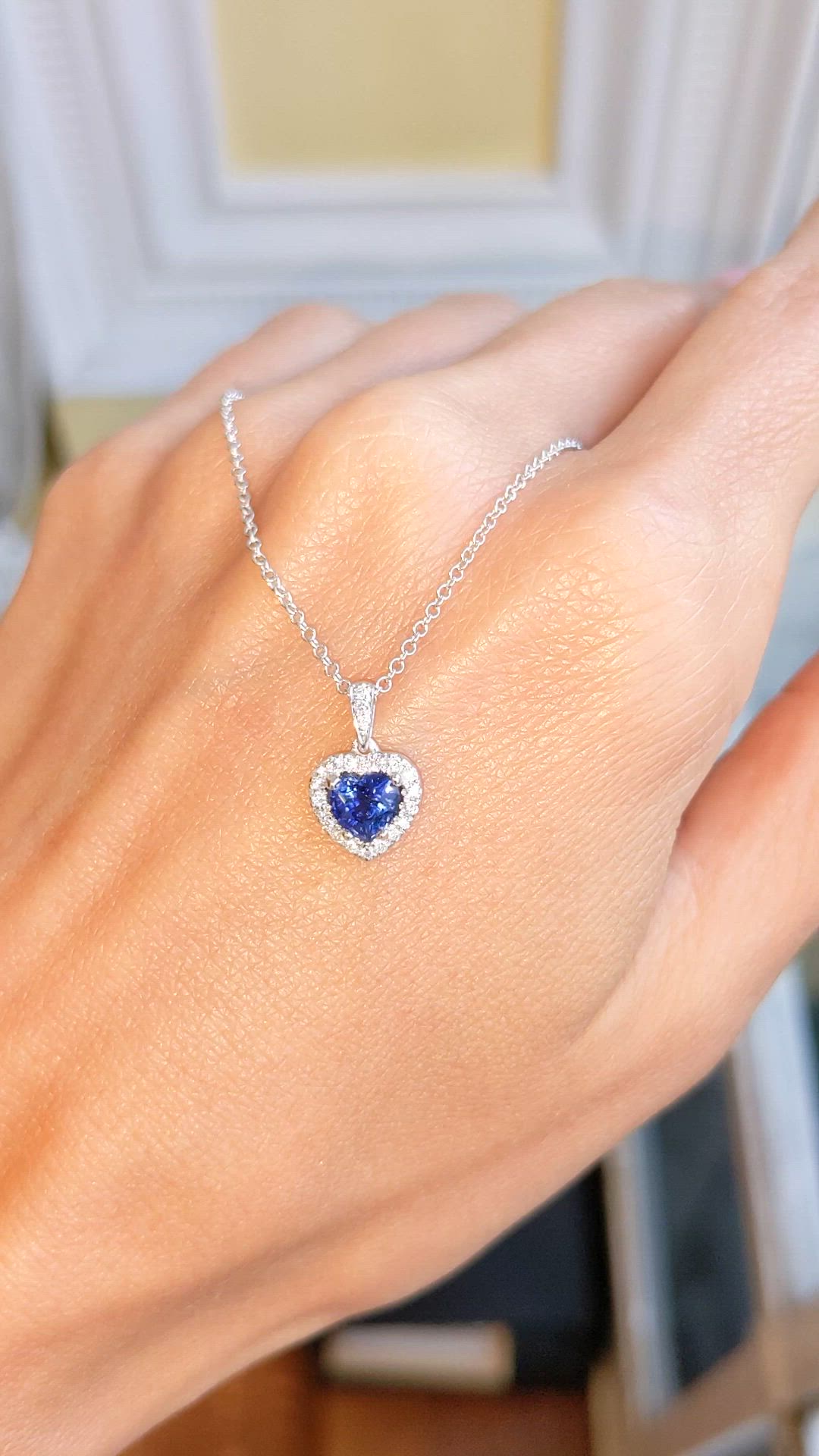 0.55 Ct. Blue Sapphire and Natural Diamond Pave Pendant, 18K White Gold Size Video
