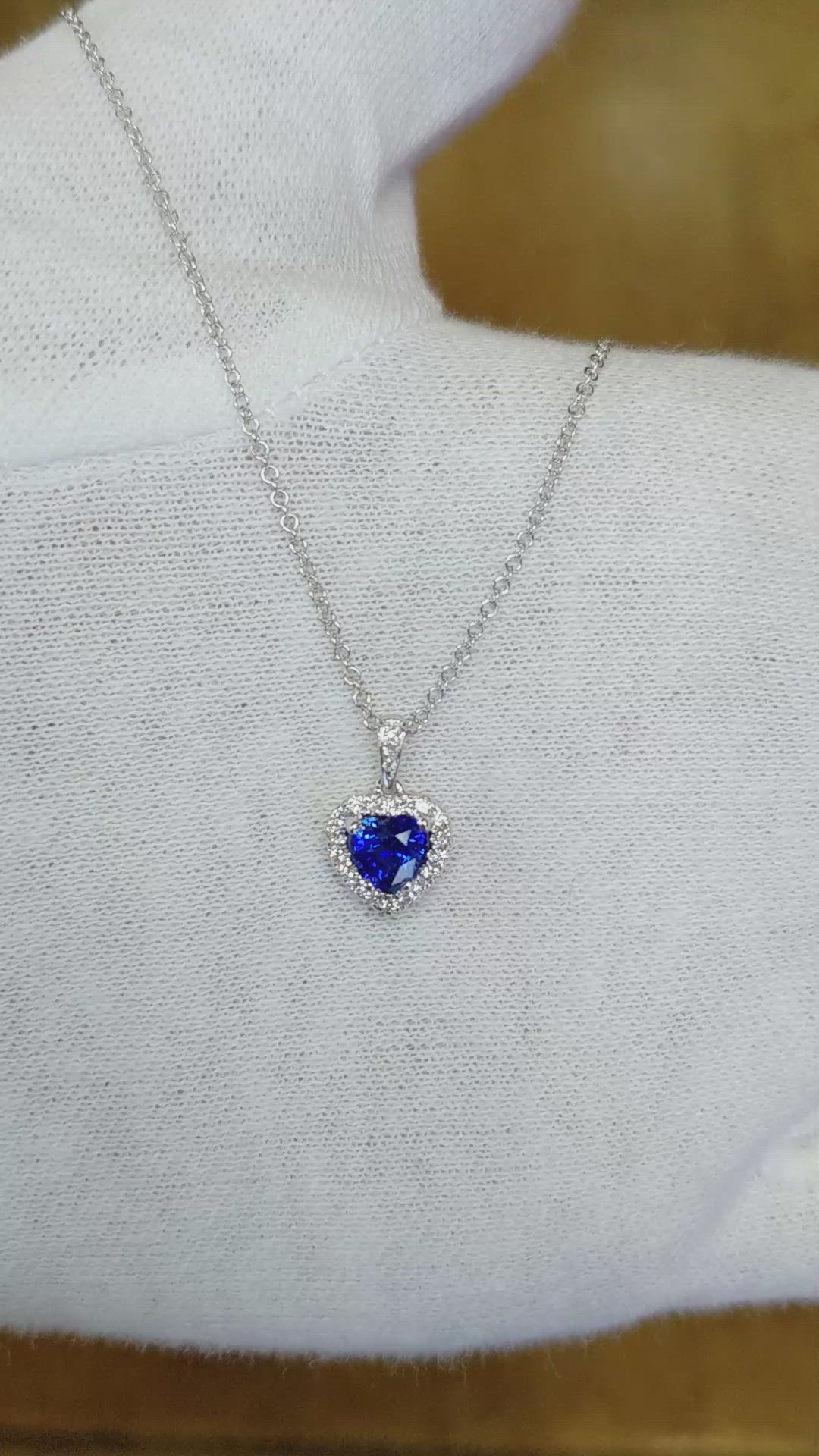 0.55 Ct. Blue Sapphire and Natural Diamond Pave Pendant, 18K White Gold Size Video