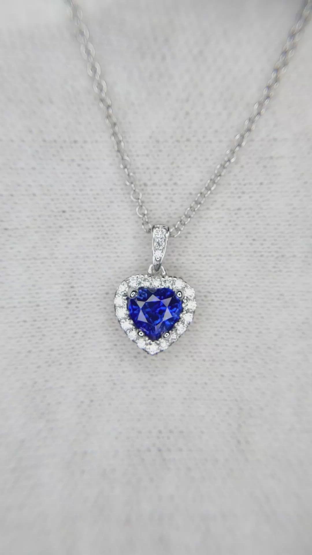 0.55 Ct. Blue Sapphire and Natural Diamond Pave Pendant, 18K White Gold Size Video