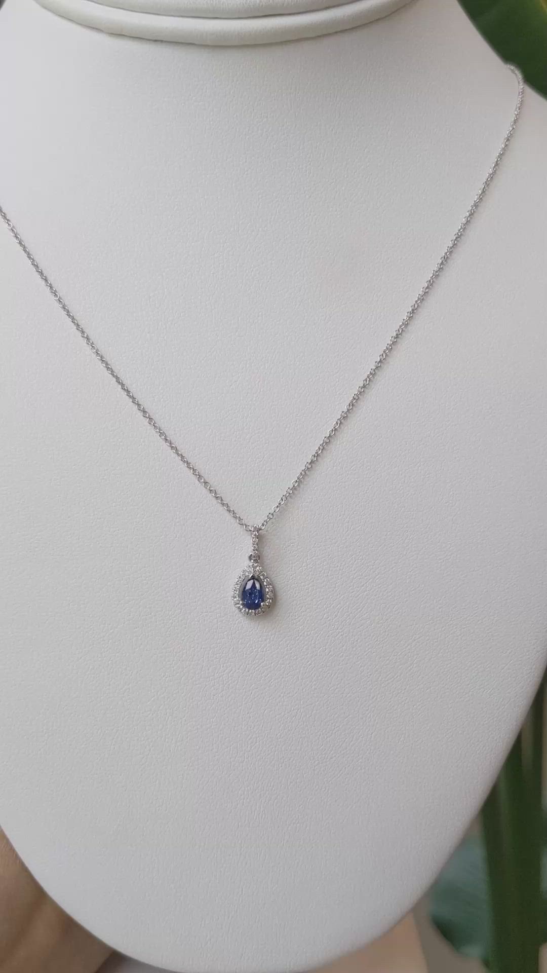 0.60 Ct. Blue Sapphire and Natural Diamond Pave Pendant, 18K White Gold Size Video