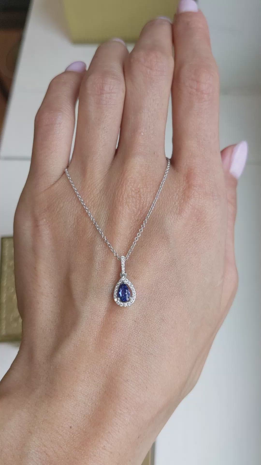 0.60 Ct. Blue Sapphire and Natural Diamond Pave Pendant, 18K White Gold Size Video
