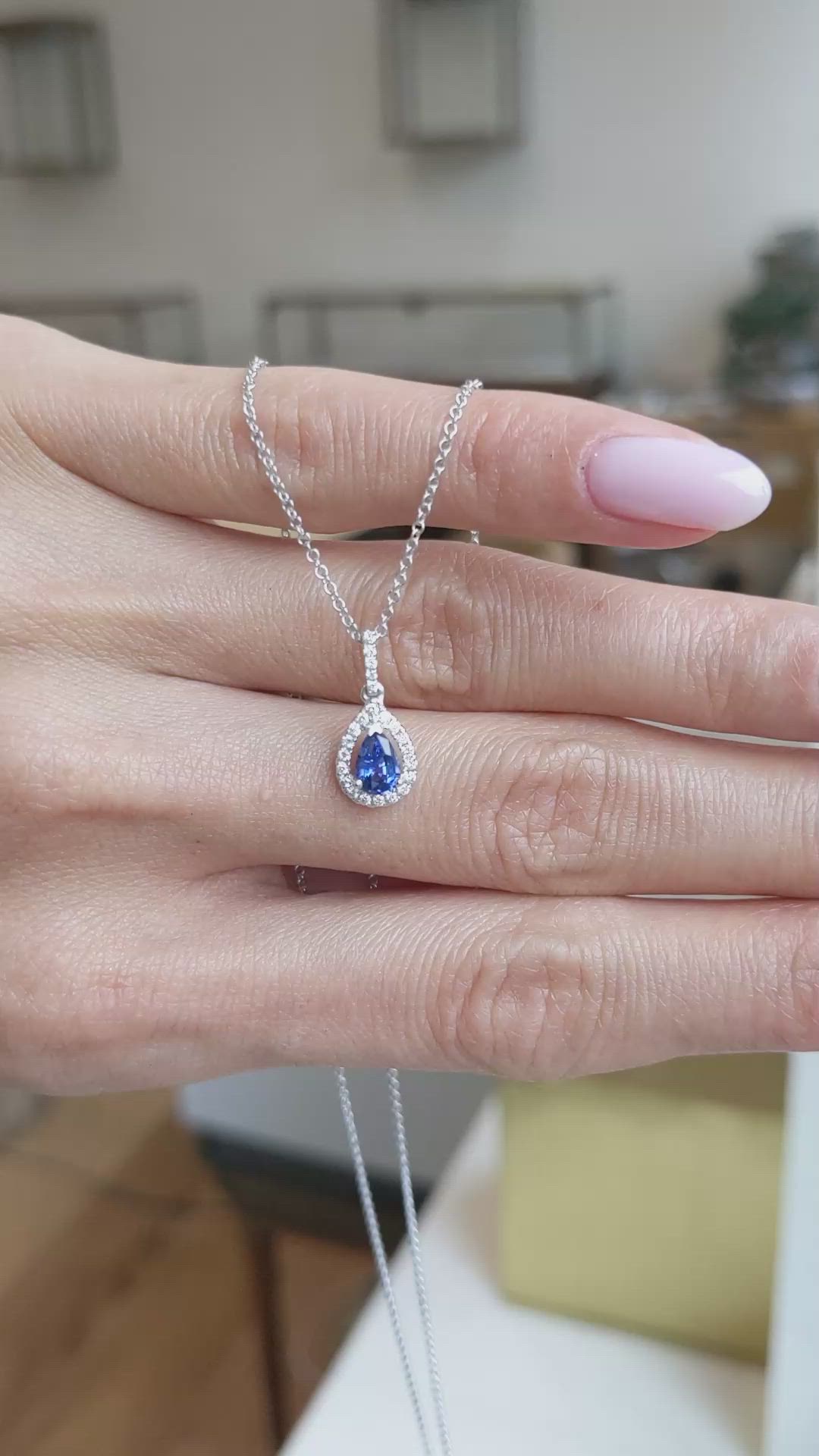 0.60 Ct. Blue Sapphire and Natural Diamond Pave Pendant, 18K White Gold Size Video