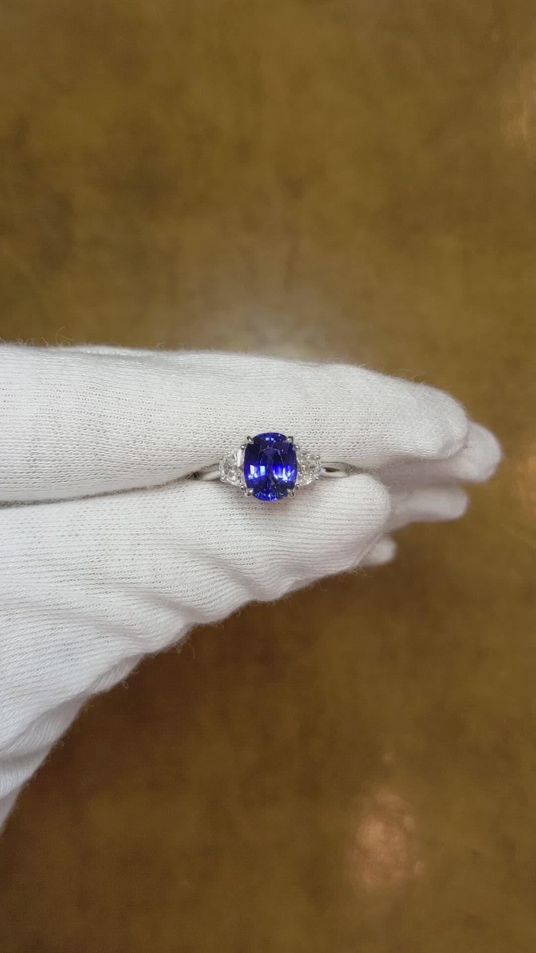 2.38 Ct. Blue Sapphire and Natural Diamond Three Stone Ring, 18K White Gold Size Video