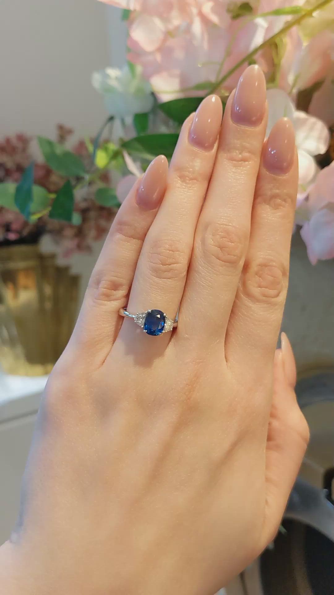 2.38 Ct. Blue Sapphire and Natural Diamond Three Stone Ring, 18K White Gold Size Video