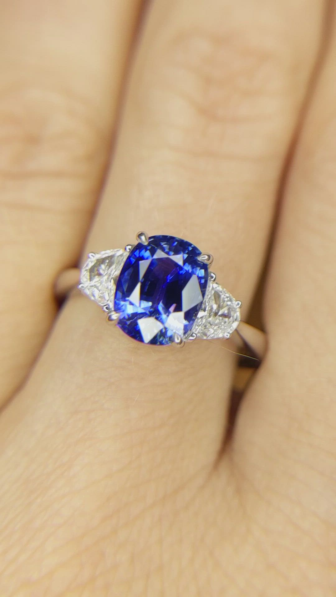 2.38 Ct. Blue Sapphire and Natural Diamond Three Stone Ring, 18K White Gold Size Video