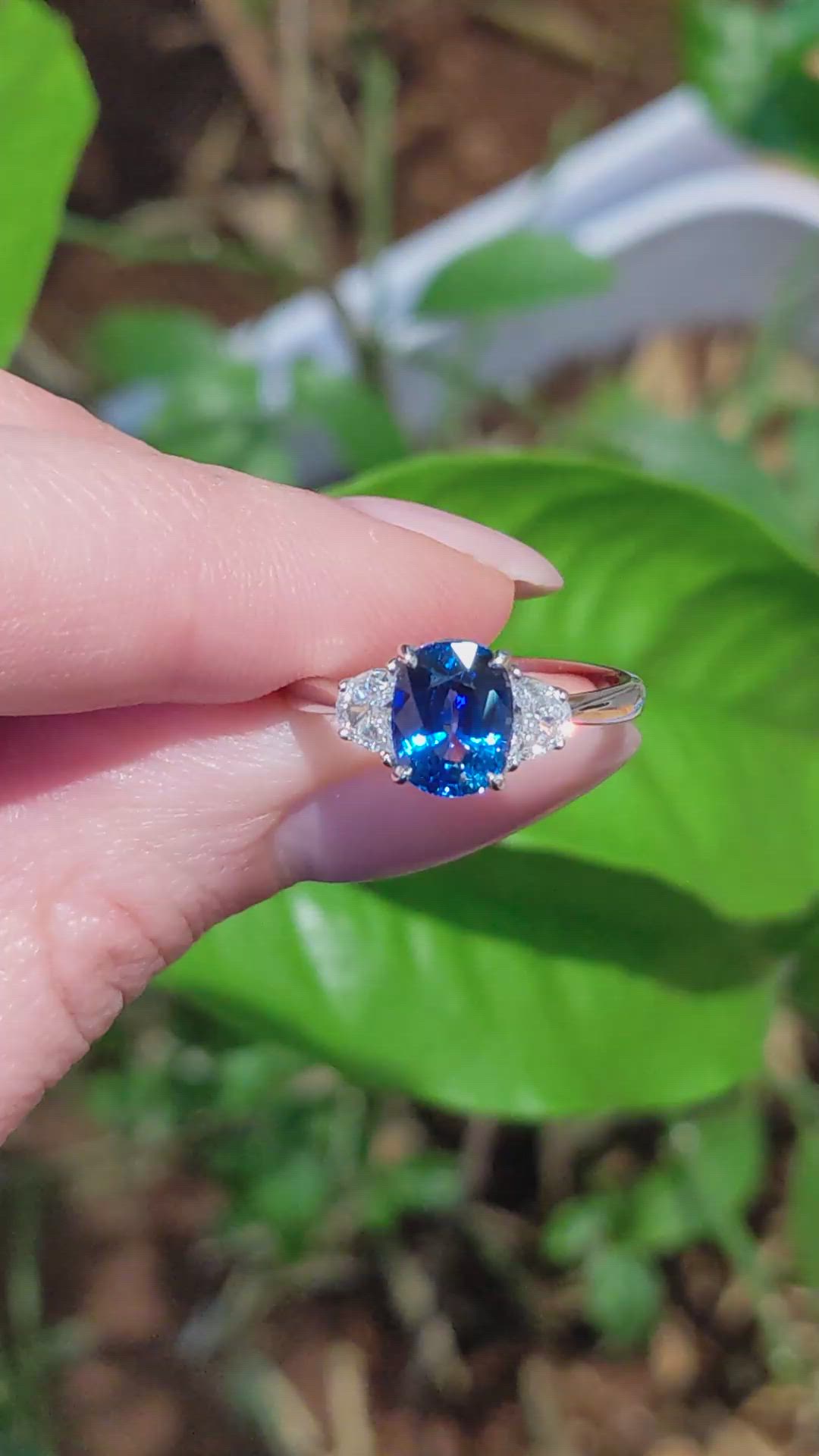 2.38 Ct. Blue Sapphire and Natural Diamond Three Stone Ring, 18K White Gold Size Video