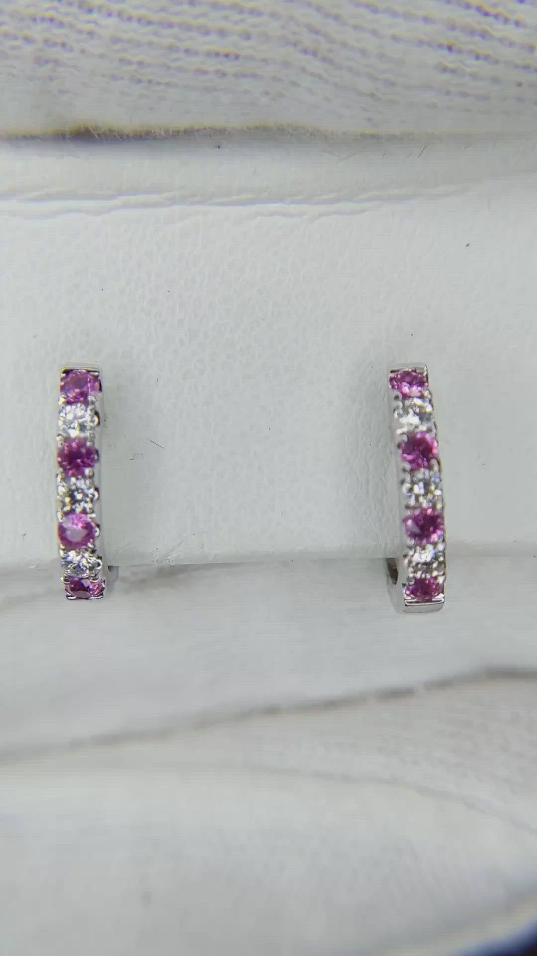 0.22 Ct.Tw. Pink Sapphire and Natural Diamond Pave Earrings, 14K White Gold Size Video