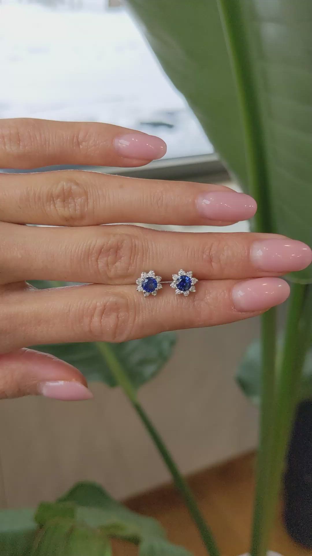 1.00&nbsp;Ct.Tw.Total Carat Weight Blue Sapphire and Natural Diamond Halo Earrings, 14K White Gold Size Video