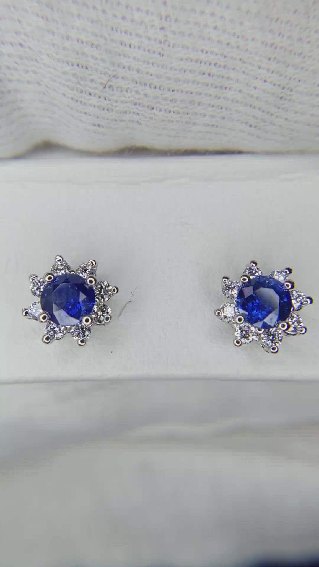 1.00 Ct.Tw. Blue Sapphire and Natural Diamond Halo Earrings, 14K White Gold Size Video